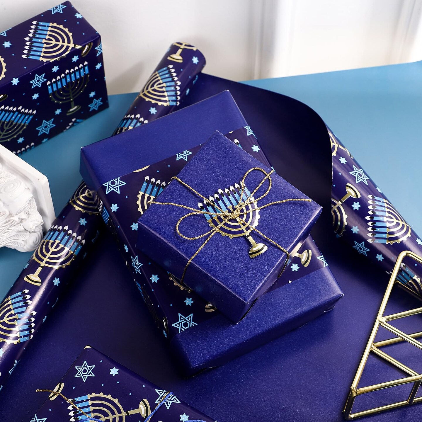 Reversible Hanukkah Wrapping Paper - Mini Roll - 17 Inch x 33 Feet - Blue Menorah Lights Chanukah Wrapping Paper Perfect for Hanukkah, Chanukah, Holiday