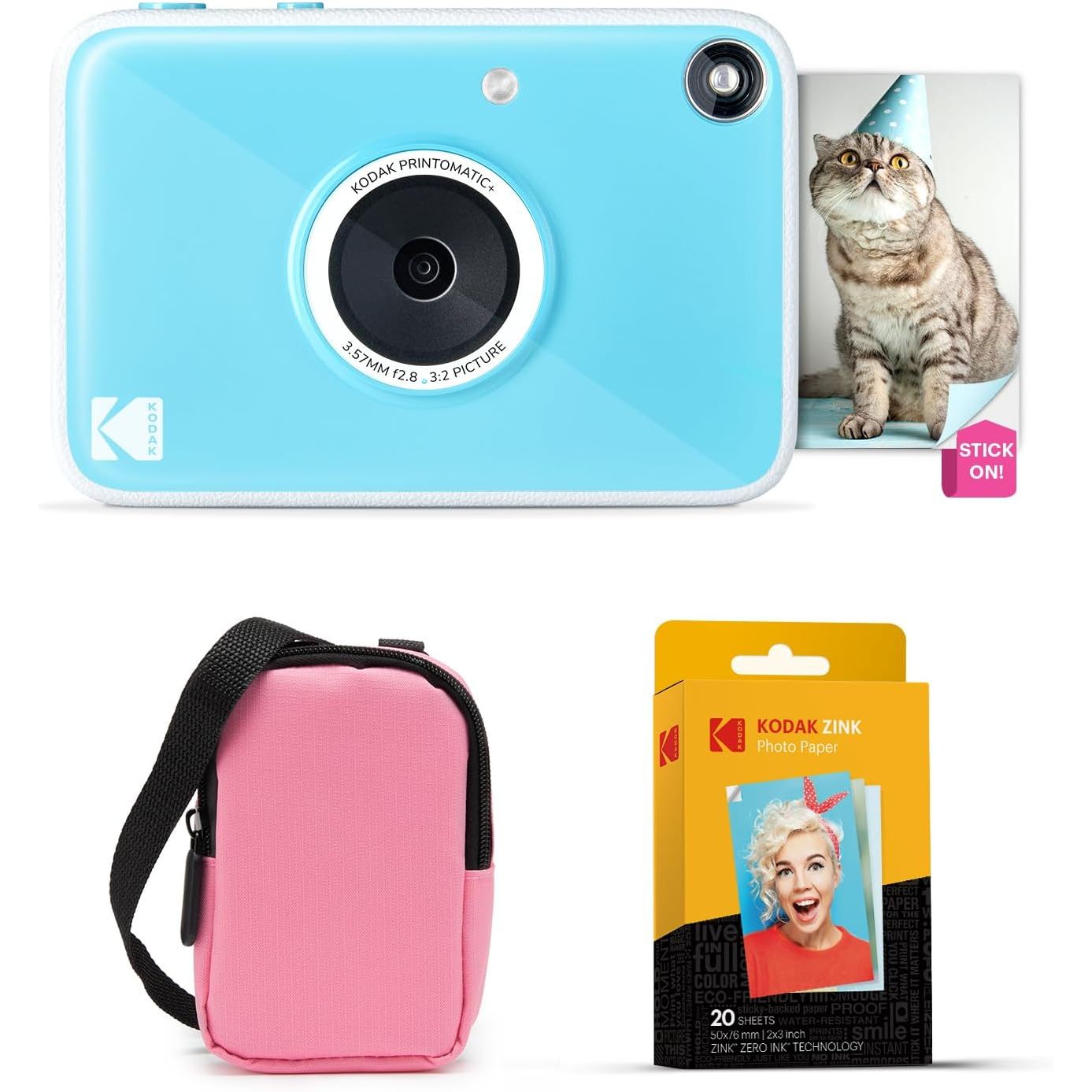 Kodak Printomatic+ Instant Print Digital Camera Starter Bundle + Carrying Case + Zink 20pk Sticky-Back Photo Paper - 10MP, Full-Color Photos, RGB LED Status Indicator