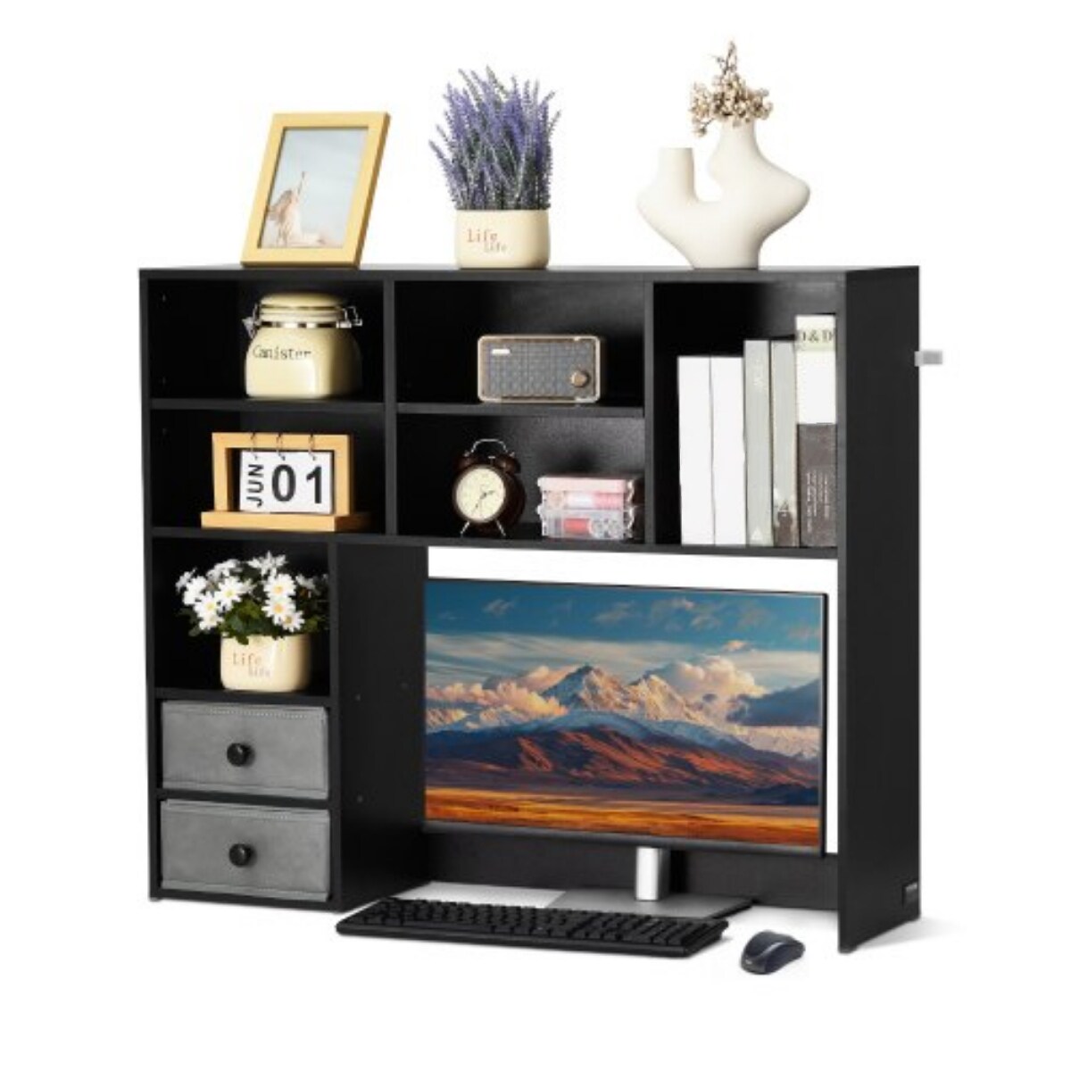 3-Tier Desktop Bookshelf Wood Storage Organizer with Fabric Drawers for Office Home Dorm