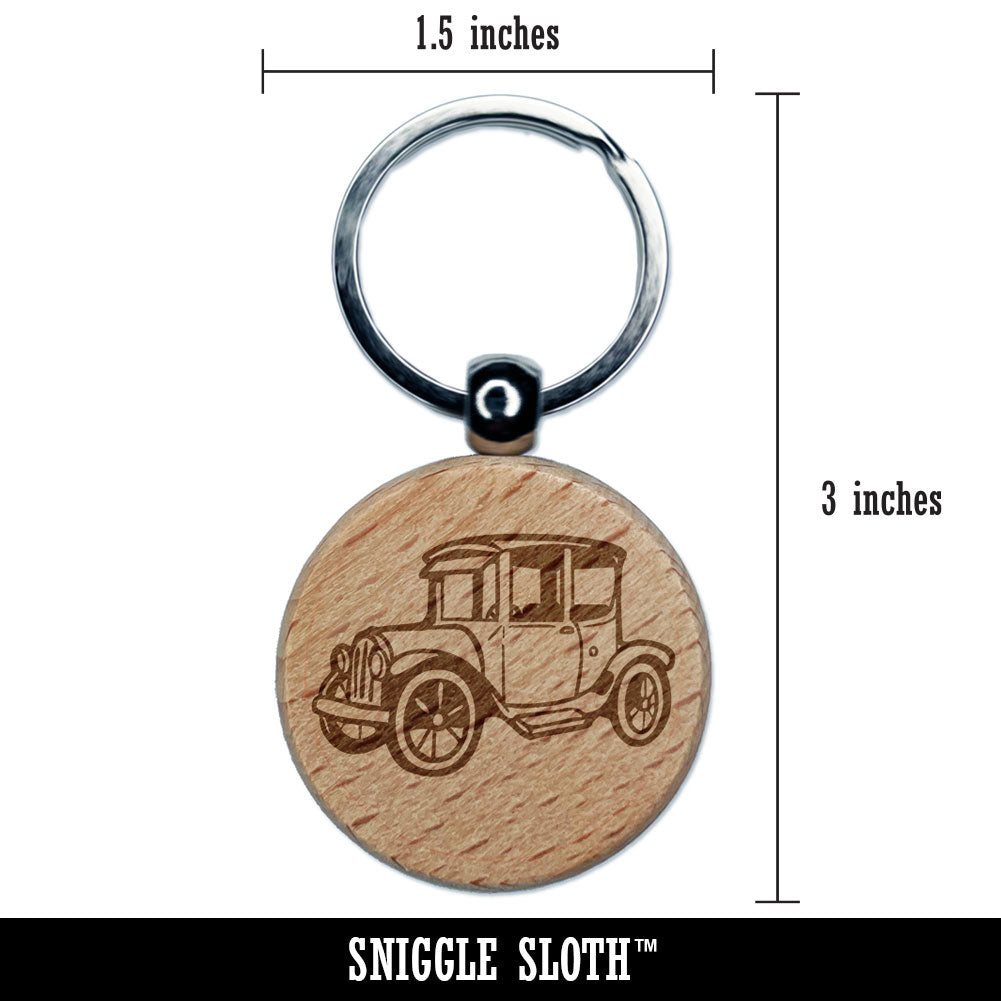 Vintage Car Vehicle Old Fashion Engraved Wood Round Keychain Tag Charm