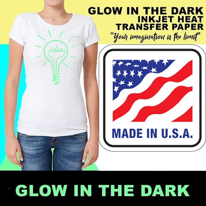 Printable Iron-on Glow Light Heat Transfer Paper for LIGHT Fabrics, sheets 8.5&#x22; x 11&#x22;, Long Lasting, Durable, Professional Quality, Easy DIY, Non-Toxic, Made in USA