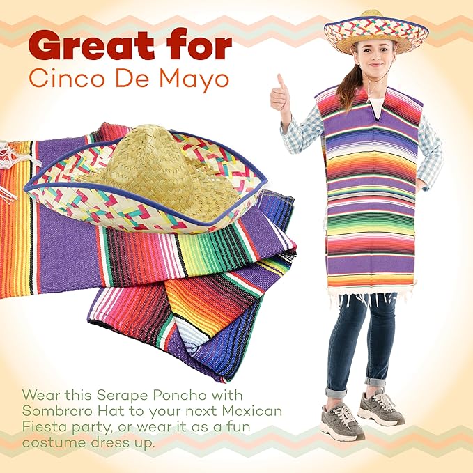 4E&#x27;s Novelty Mexican Serape Poncho with Sombrero Hat Costume &#x2013; Cinco De Mayo Outfit, Fiesta Party Dress Up Accessories