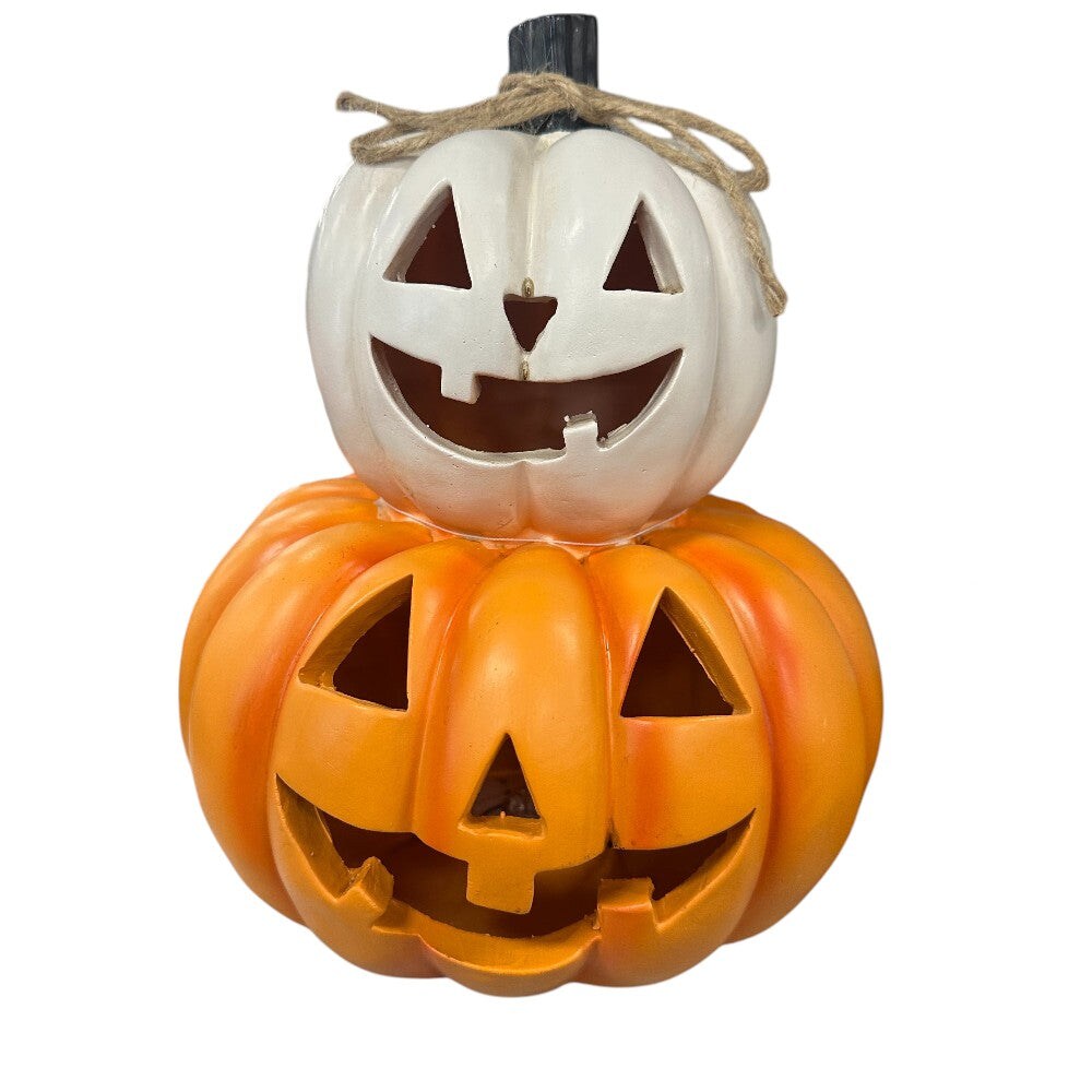 16&#x22; Light-Up Stacked Halloween Pumpkins &#x2013; White &#x26; Orange Jack-o&#x27;-Lanterns with Rustic Charm