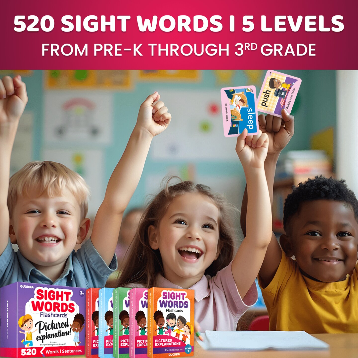 QUOKKA 520 Sight Words Flash Cards with Images & Sentences - Based on Dolch Sight Words Lists for Reading Fluency I Kindergarten Flash Cards for Pre-K to 3rd Grade I Color-Coded Vocabulary Cards