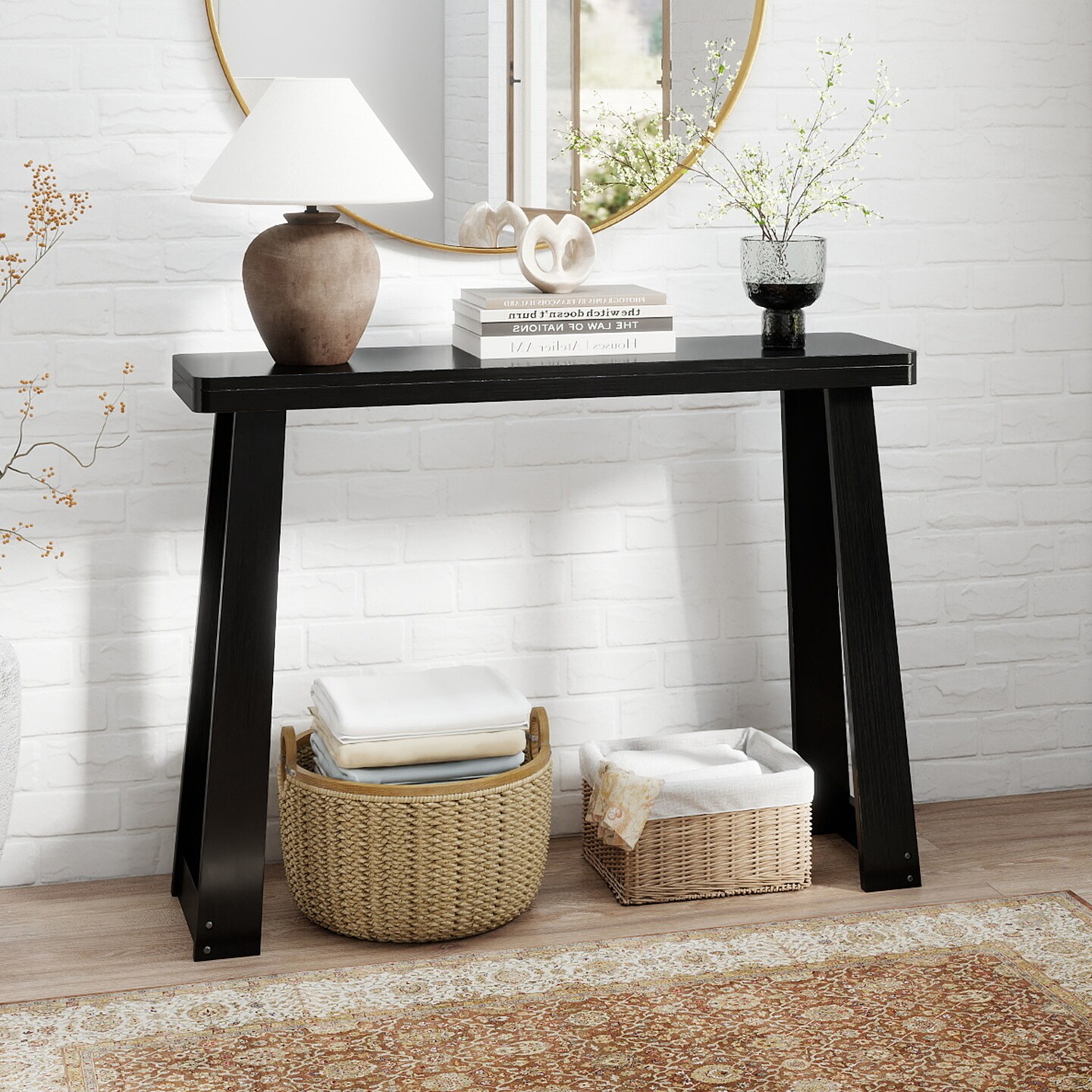 43-inch Narrow Entryway Console Table Solid Rubber Wood with Sturdy Base
