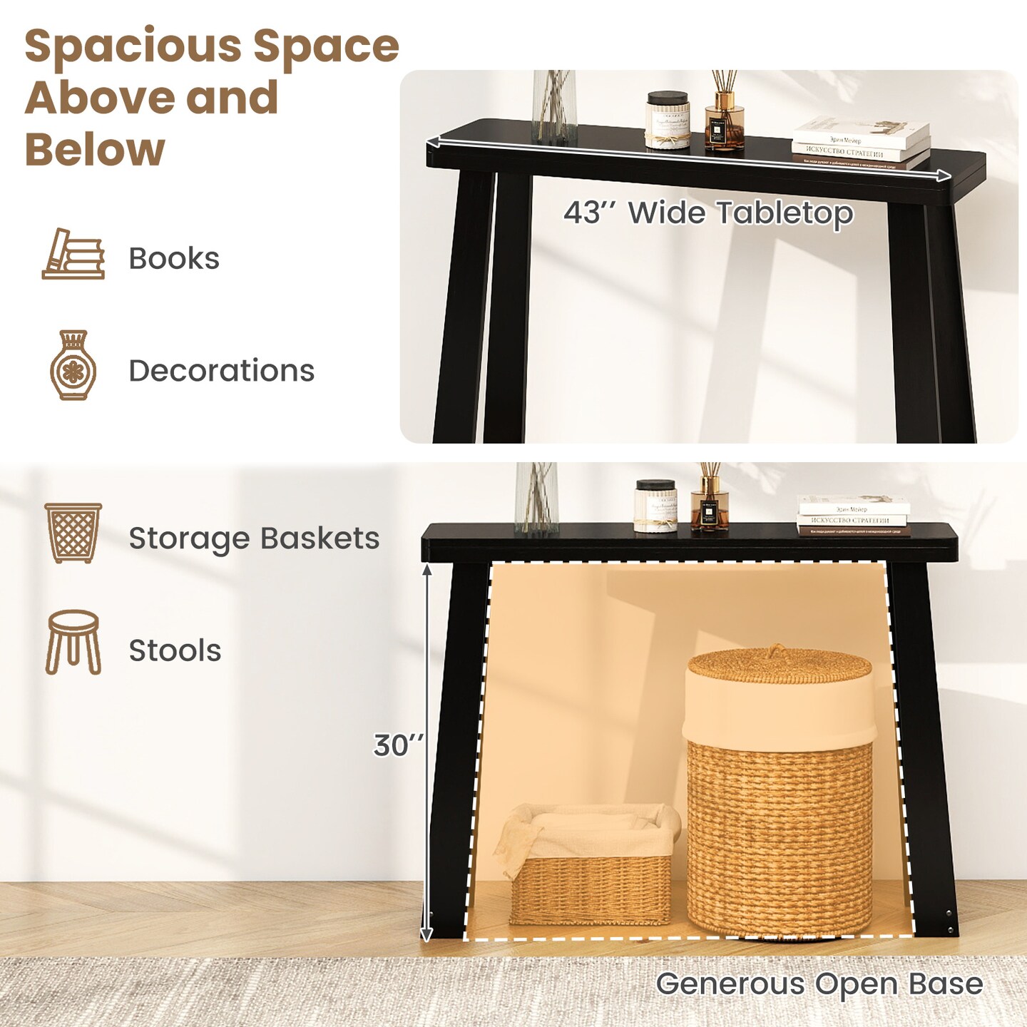 43-inch Narrow Entryway Console Table Solid Rubber Wood with Sturdy Base
