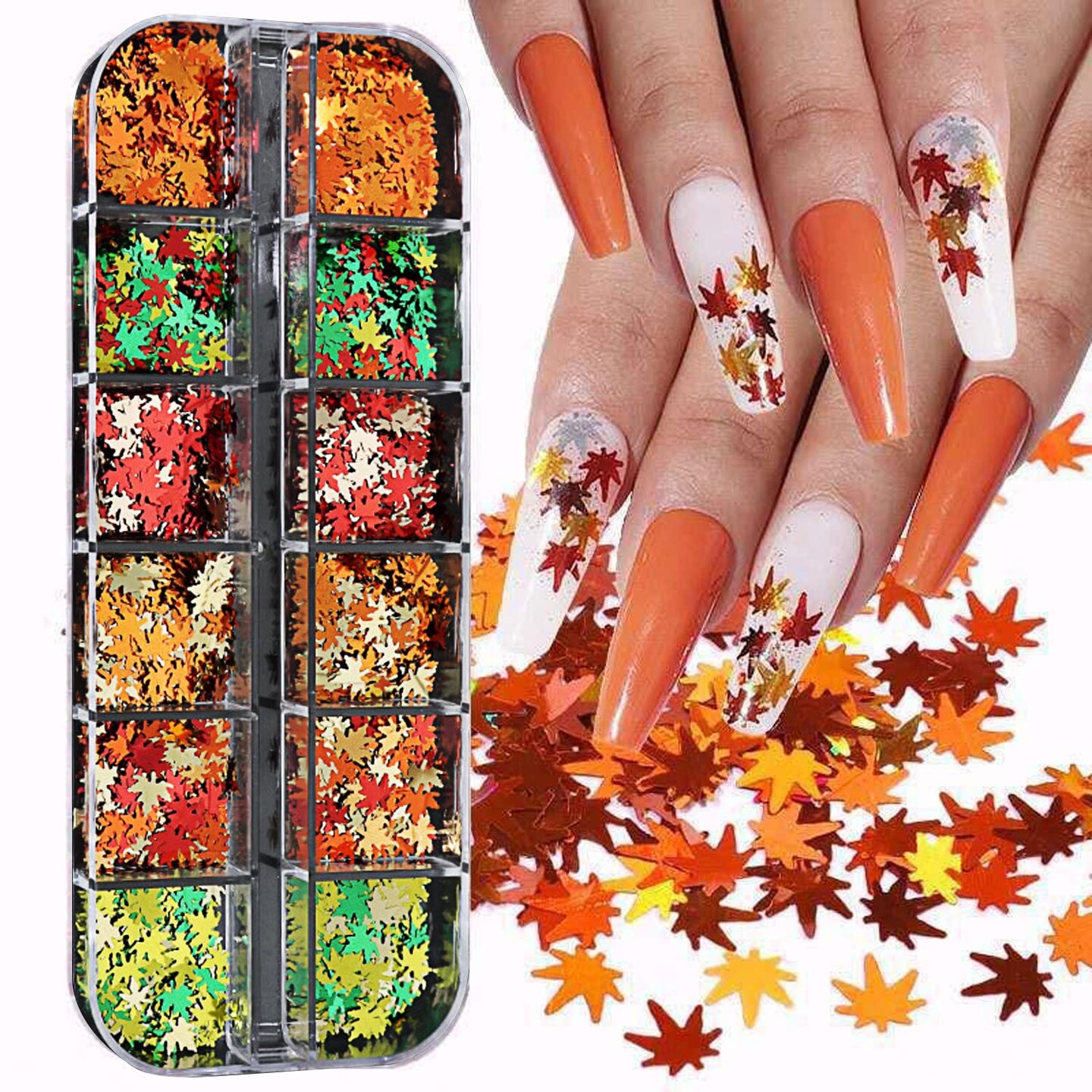 12 Grids Fall Maple Leaf Nail Art Glitter Sequins 3D Holographic(Gold, Red, Orange, Green, Yellow) 5.04 x 2.05 x 0.47 inches