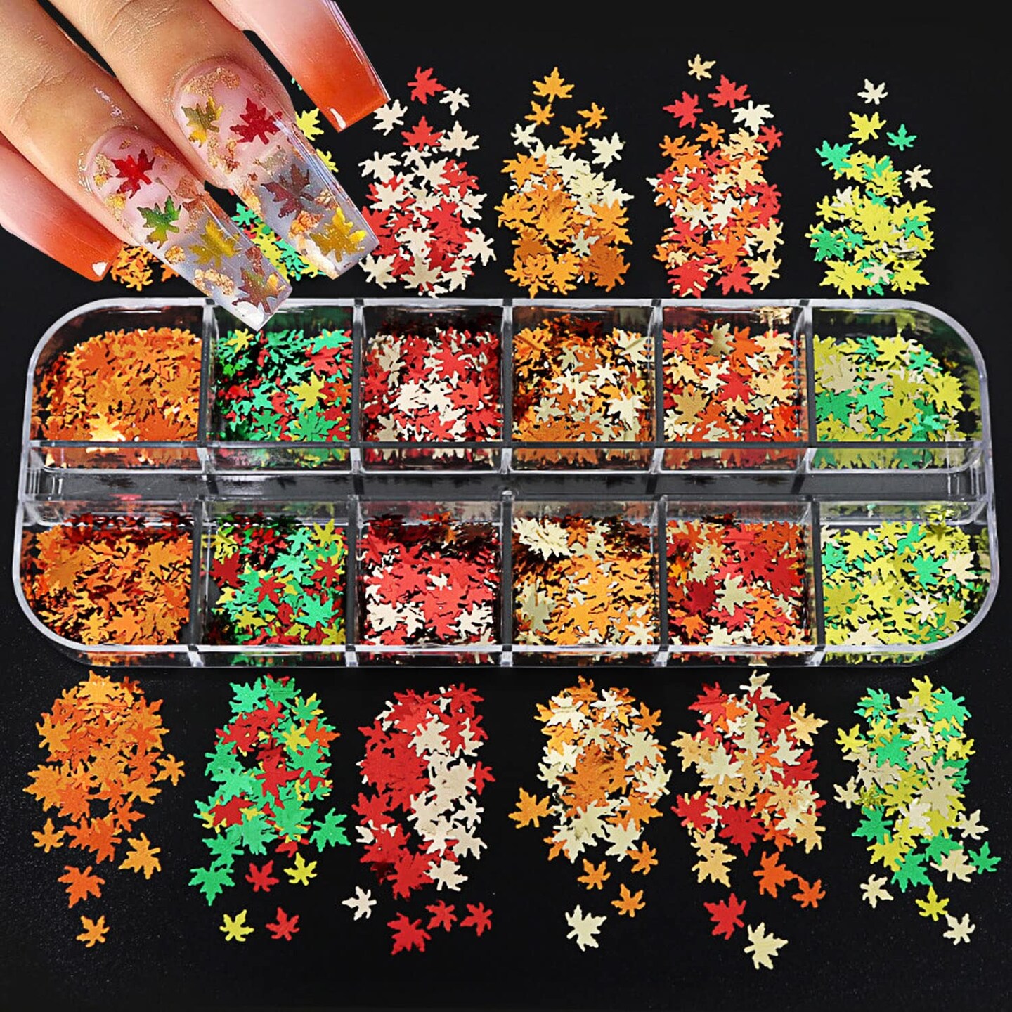 12 Grids Fall Maple Leaf Nail Art Glitter Sequins 3D Holographic(Gold, Red, Orange, Green, Yellow) 5.04 x 2.05 x 0.47 inches