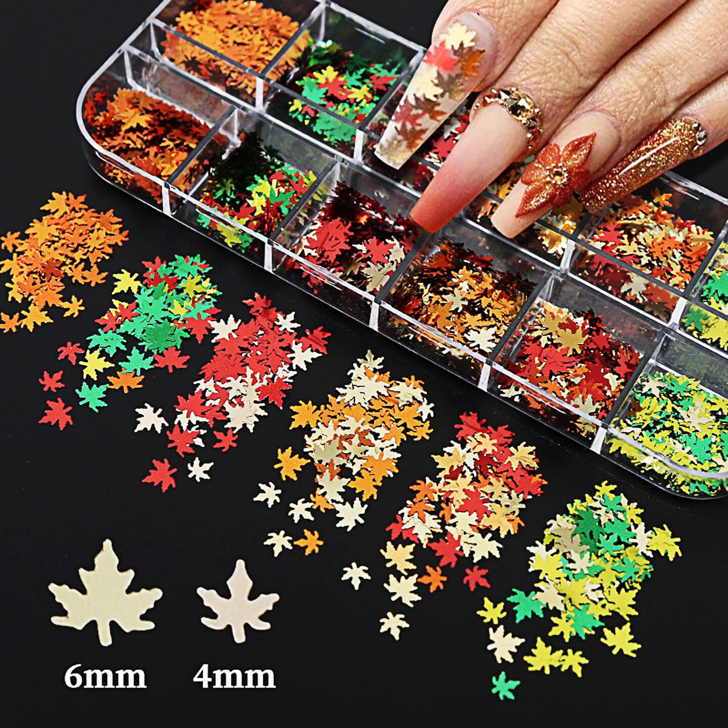 12 Grids Fall Maple Leaf Nail Art Glitter Sequins 3D Holographic(Gold, Red, Orange, Green, Yellow) 5.04 x 2.05 x 0.47 inches