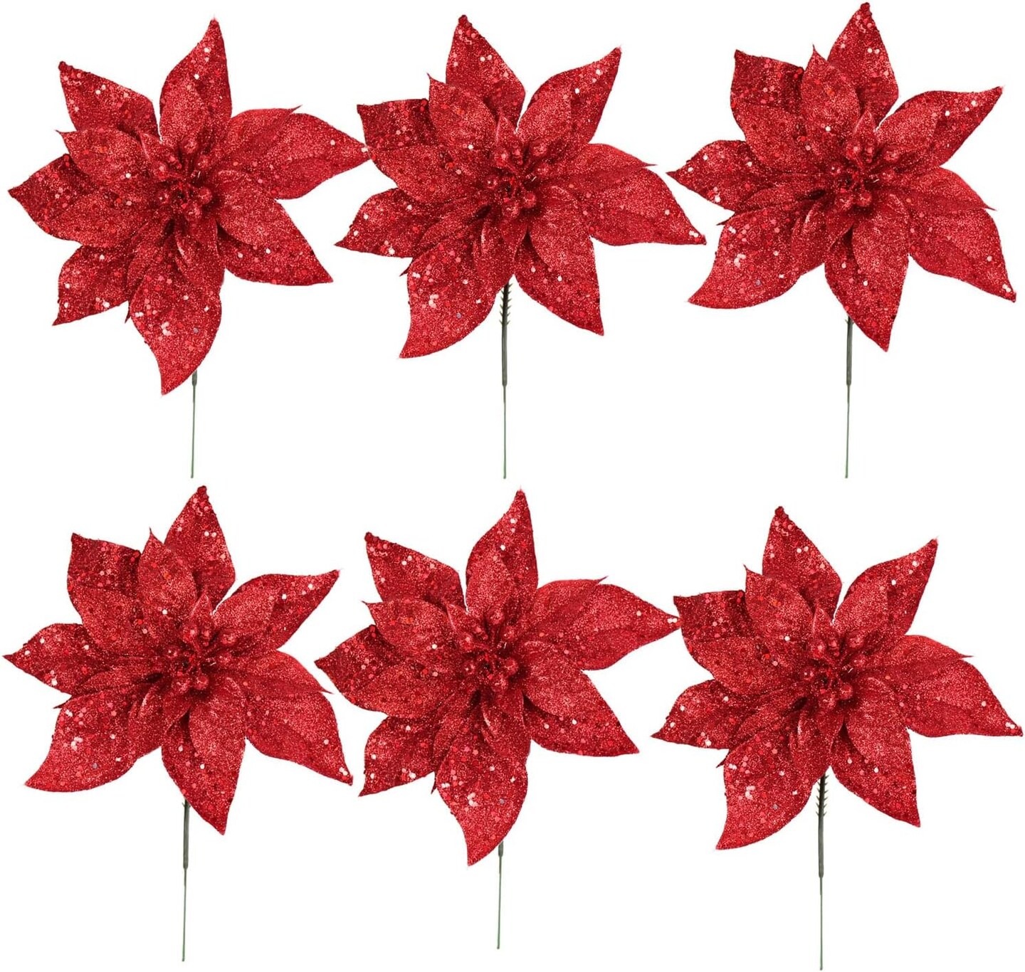 6-Pack: Sparkling Red Glitter Poinsettia Flower Picks - 8.5&#x22; Wide, Floral Home by Artificial Flowers