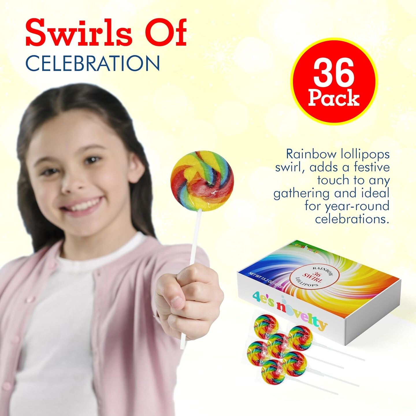 4E's Novelty 36-Pack Rainbow Swirl Lollipops – 1.75" Individually Wrapped Party Candy