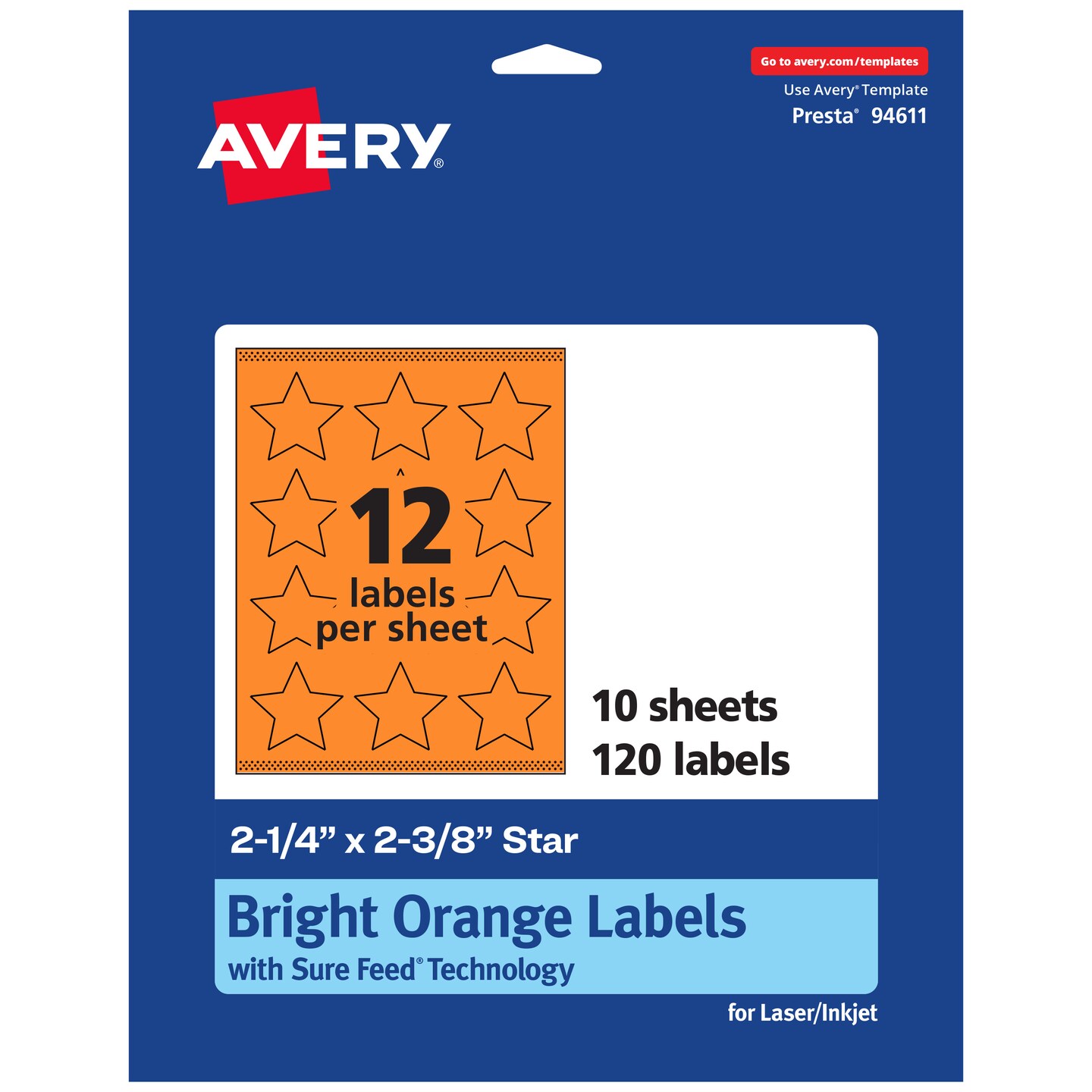 Avery Bright Orange Paper Labels, 2-1/4&#x22; x 2-3/8&#x22; Star