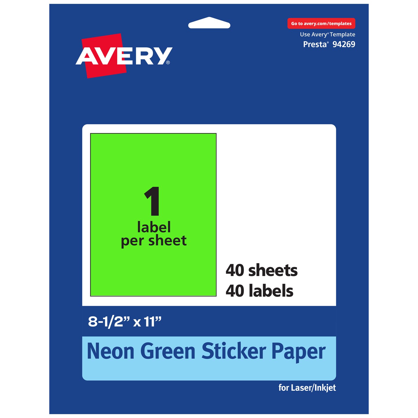 Avery Neon Green Sticker Paper, 8.5&#x22; x 11&#x22; Rectangle