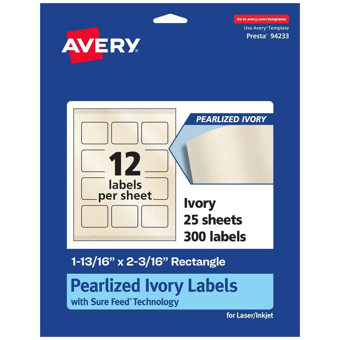 Avery Pearlized Ivory Rectangle Labels with Sure Feed Technology, Print-to-the-Edge, 1-13/16&#x22; x 2-3/16&#x22;