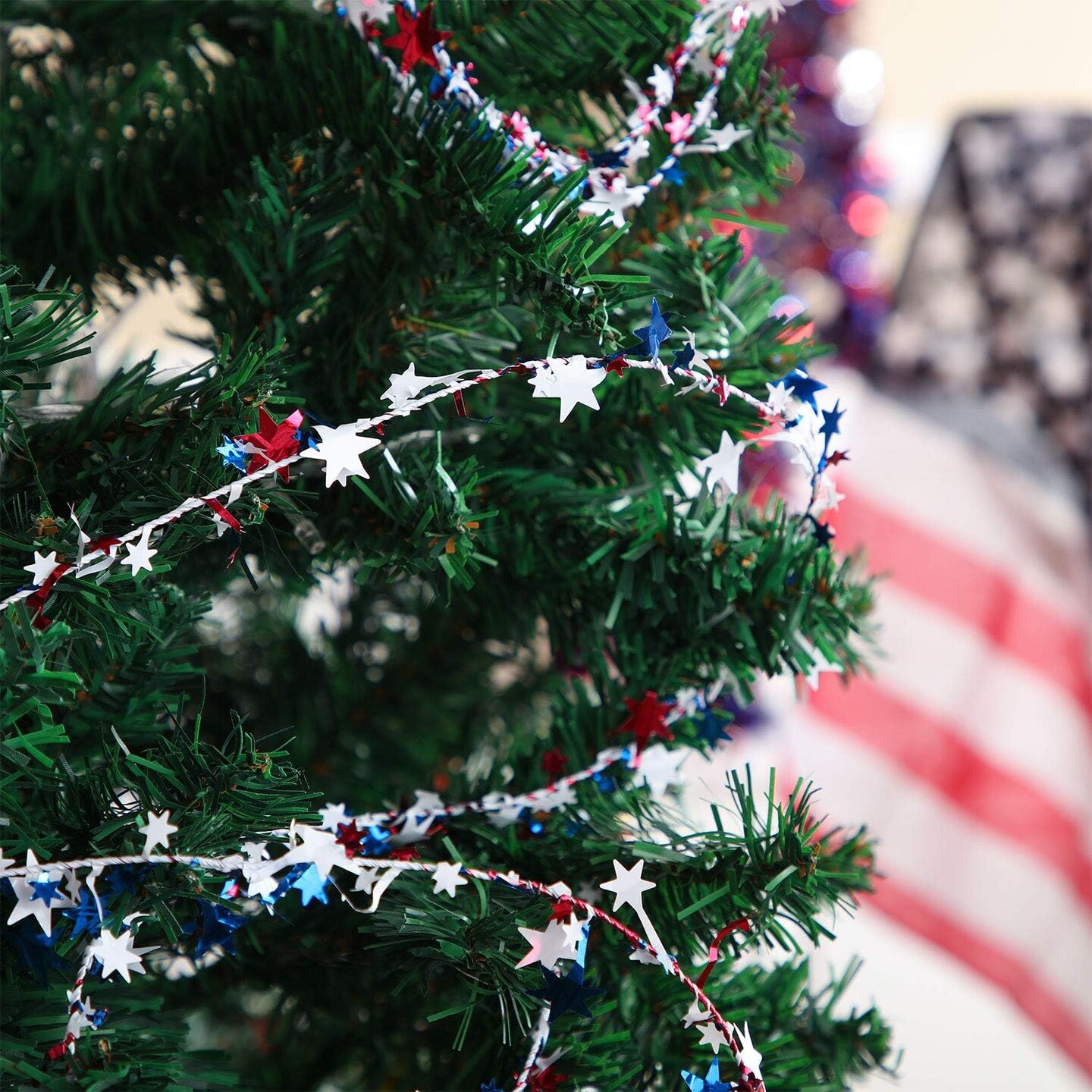 Patriotic 4th of July Independence Day Star Wire Tinsel Garland Decoration Red Blue White Hanging for Memorial Day Party Decoration Photo Backdrops Props (48 M/ 157.5 Feet)