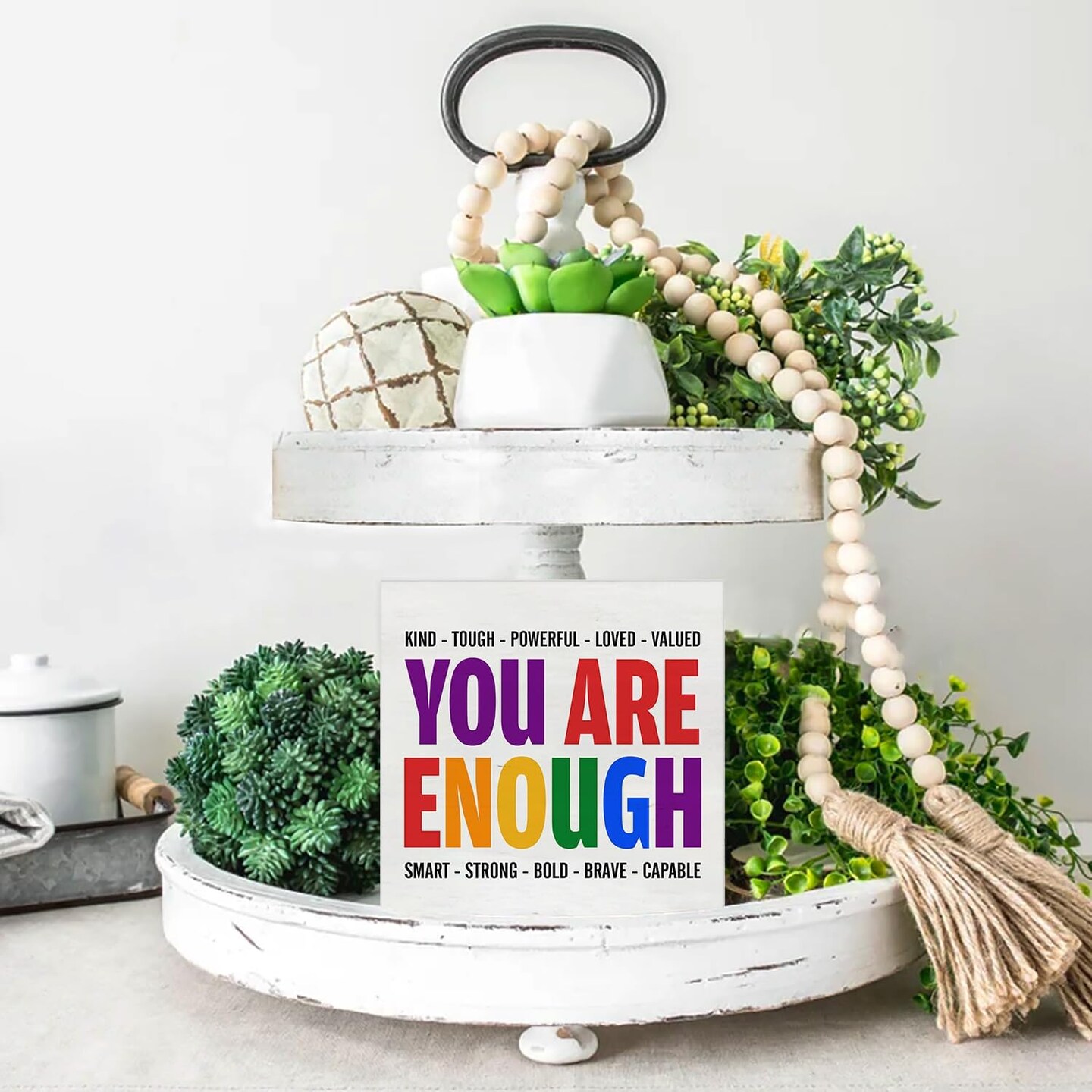 You Are Kind Tough Powerful Enough Wooden Box Sign Desk Decor LGBT Quotes Wood Block Plaque Box Signs Pride Box Sign for Home Shelf Table Decoration (5 X 5 Inch)