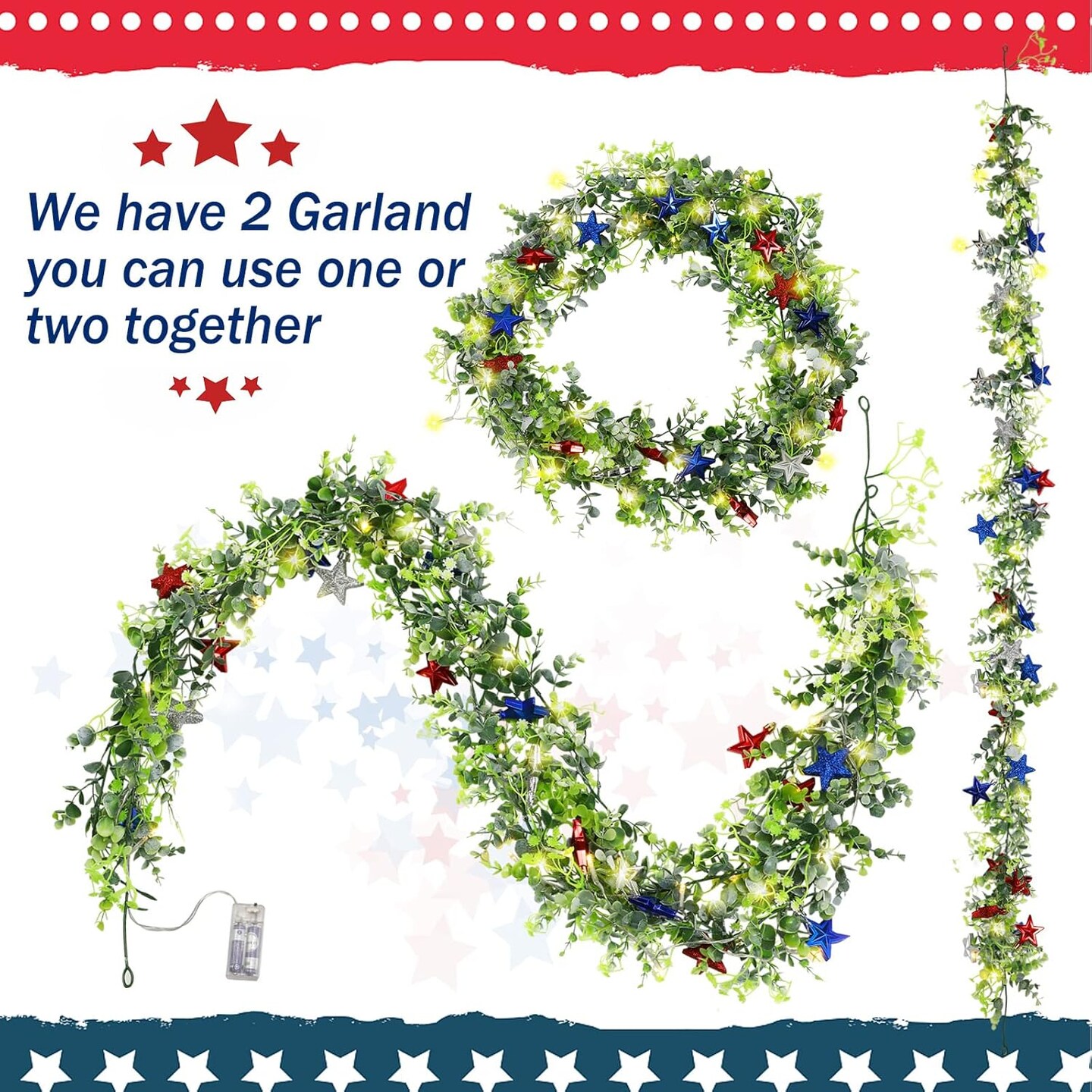 6 FT LED July Garland with String Lights for 4th of July Decorations