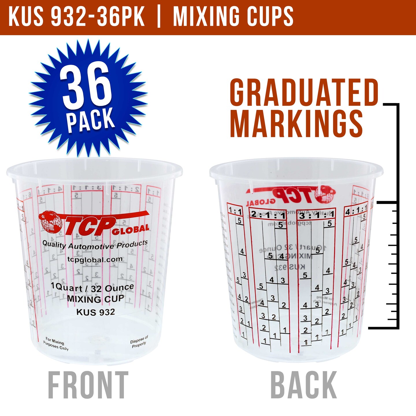 Paint Mixing Cups Plastic Measuring Cup Epoxy Resin, Disposable or Reusable, 32-Ounce (Quart) - Pack of 36 - Graduated, Mixing Ratios, Automotive Painting Acrylic Art Crafts