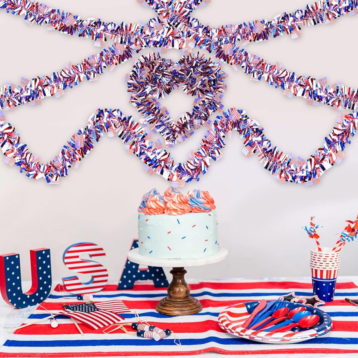4 Strings Total 26.3 ft American Flag Tinsel Garlands - Each 6.6ft Red White Blue Fringe Garland with USA Flag Hanging Glitter Streamers for 4th of July, Independence Day, Patriotic Party Decorations