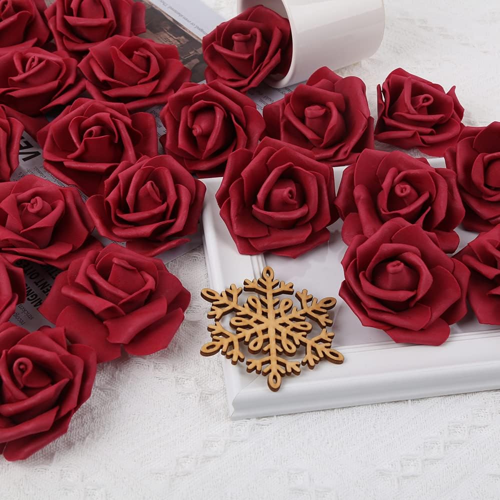 200pcs Burgundy Artificial Foam Rose Flower Head Bouquets