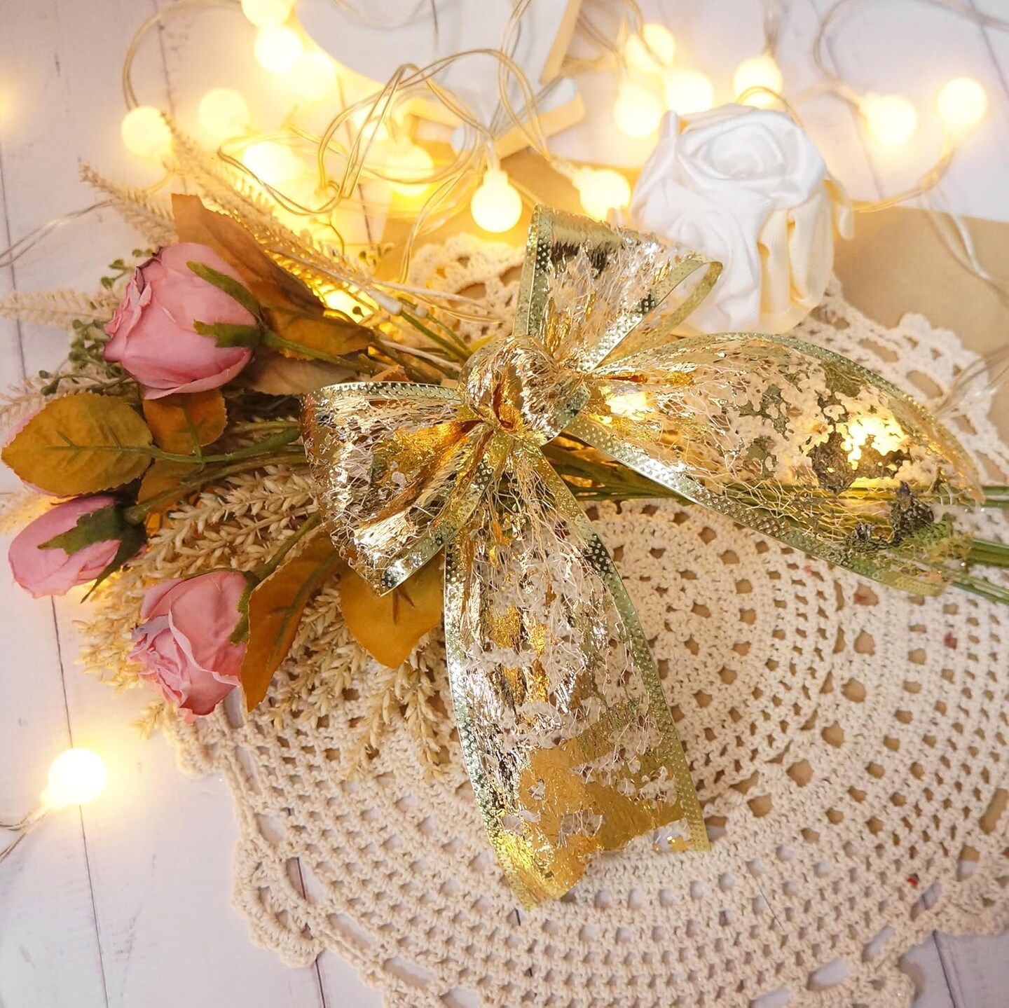 Gold Foil Metallic Mesh Wired Ribbon 10 Yards for Home Decoration Gift Wrapping