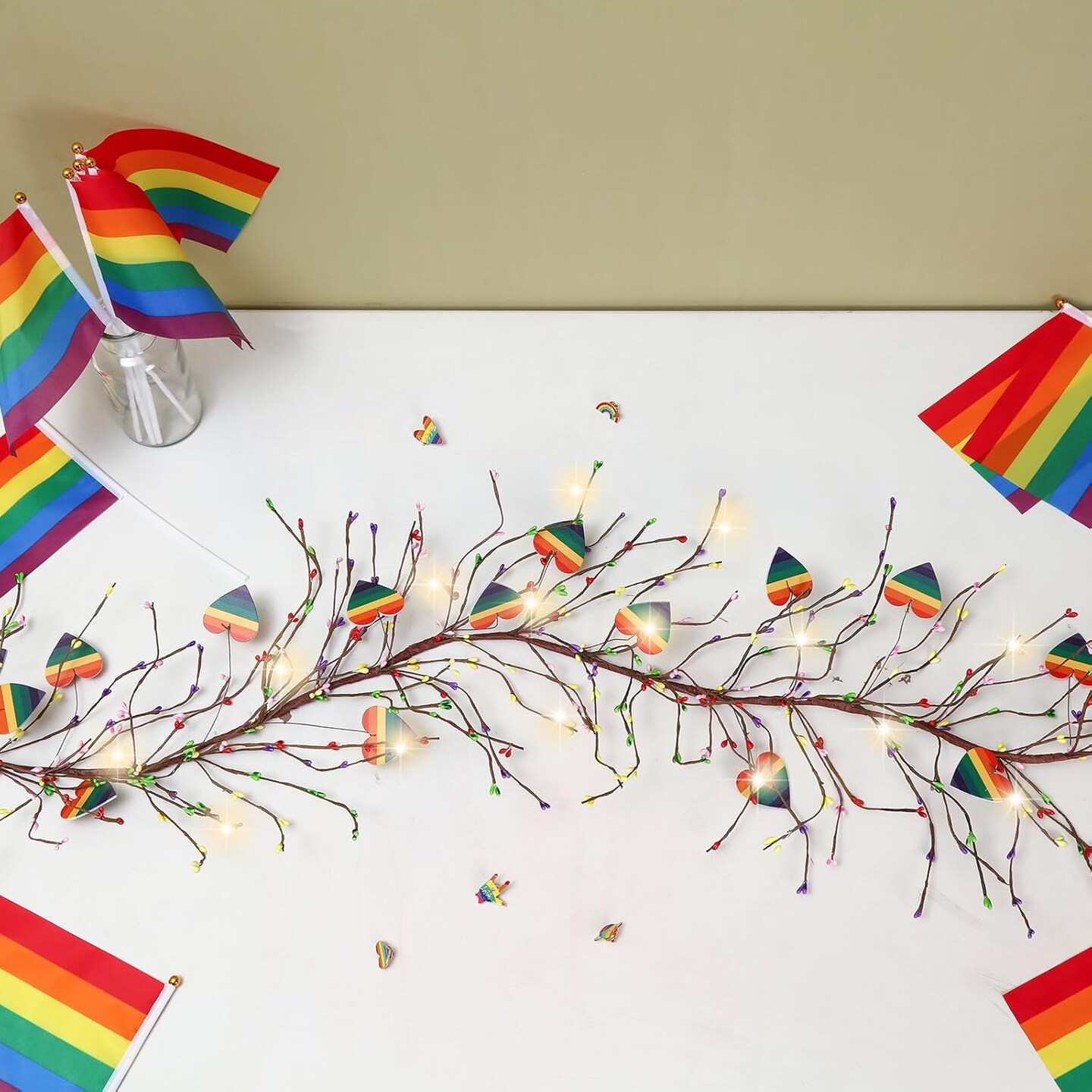 Gay Pride Decorations 4.5FT Rainbow Pride Garland with 3 Meters Light LGBT Rainbow Pride Party Berry Garland Decorations for Love Parade Party Celebration Supplies