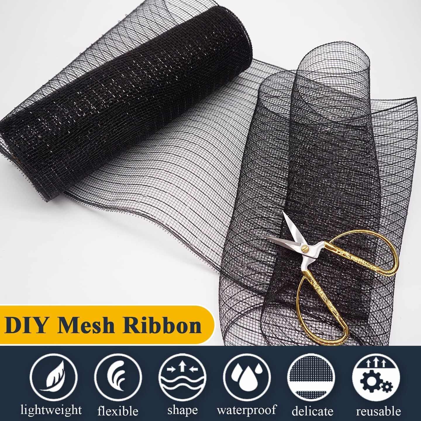 2 Pcs Black Deco Mesh Ribbon Rolls 10 Inch 10 Yards(30 ft) Decorative Mesh Fabric with Foil