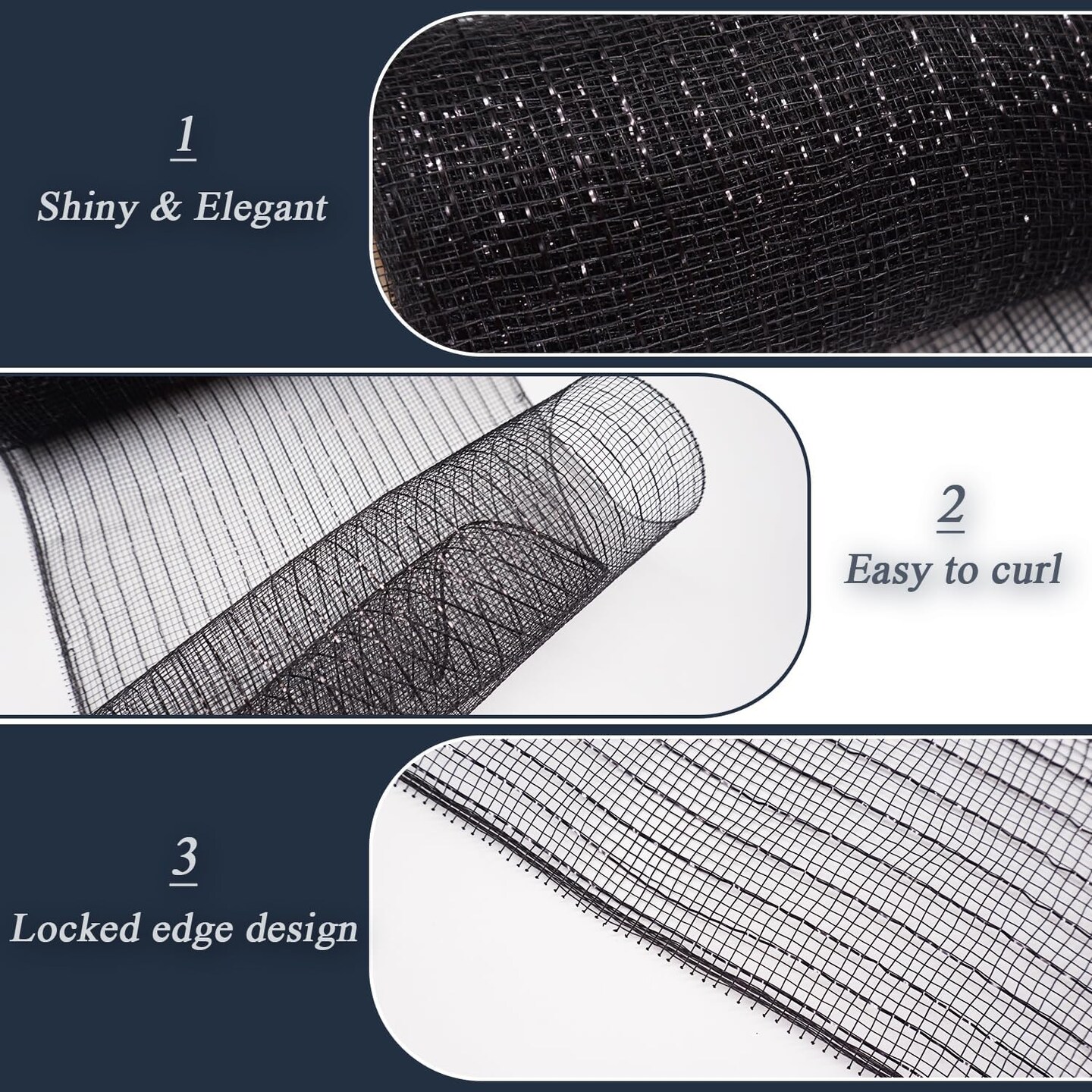 2 Pcs Black Deco Mesh Ribbon Rolls 10 Inch 10 Yards(30 ft) Decorative Mesh Fabric with Foil