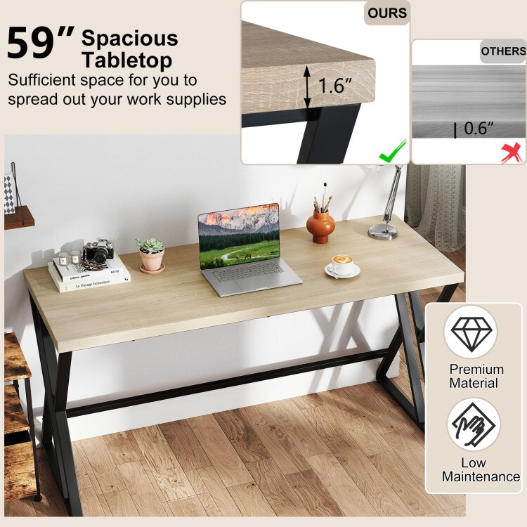 Large Computer Desk 59 Inch Metal Frame Office Desk with Footrest Crossbar