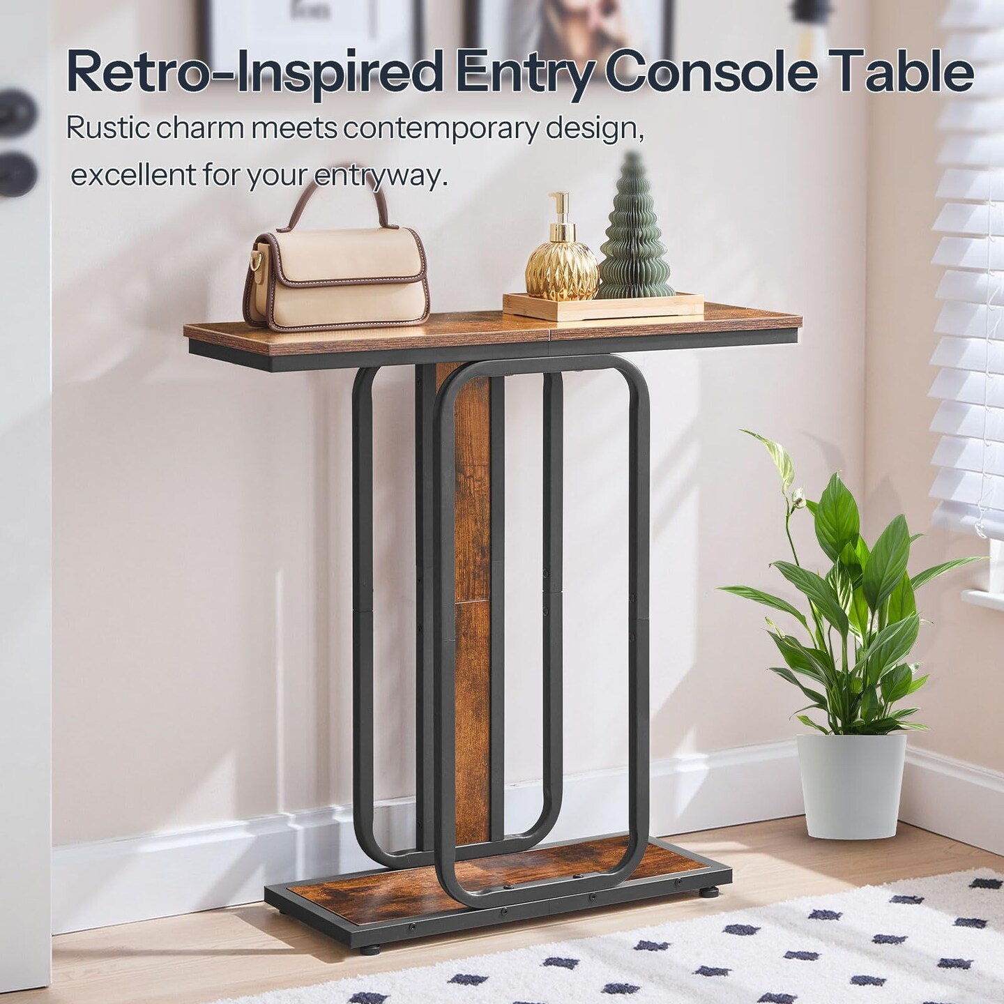 Industrial Narrow Accent Table with Sturdy Metal Frame, Rustic Entryway Table