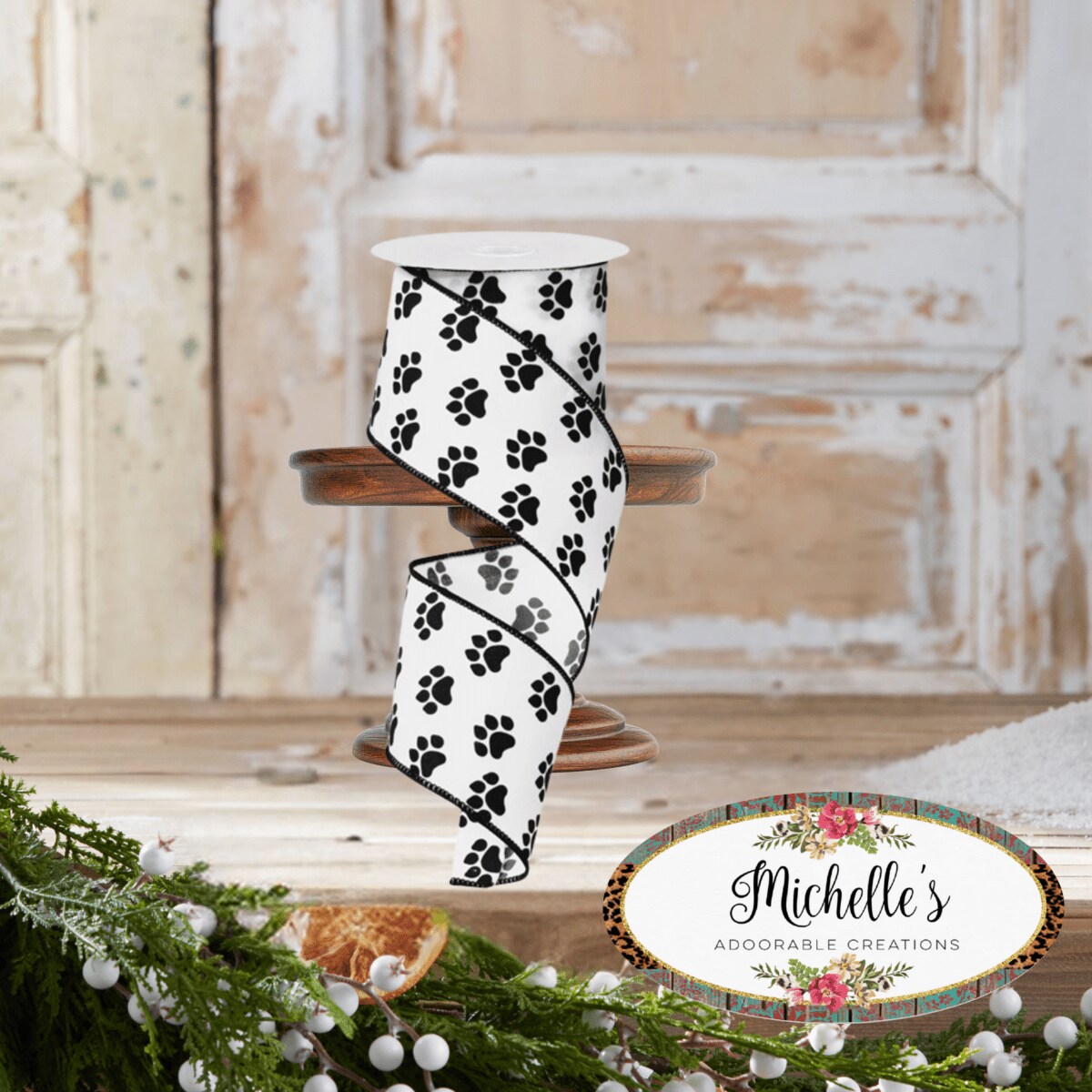 2.5&#x22; Satin Paw Print Ribbon: Black &#x26; White (10 Yards)