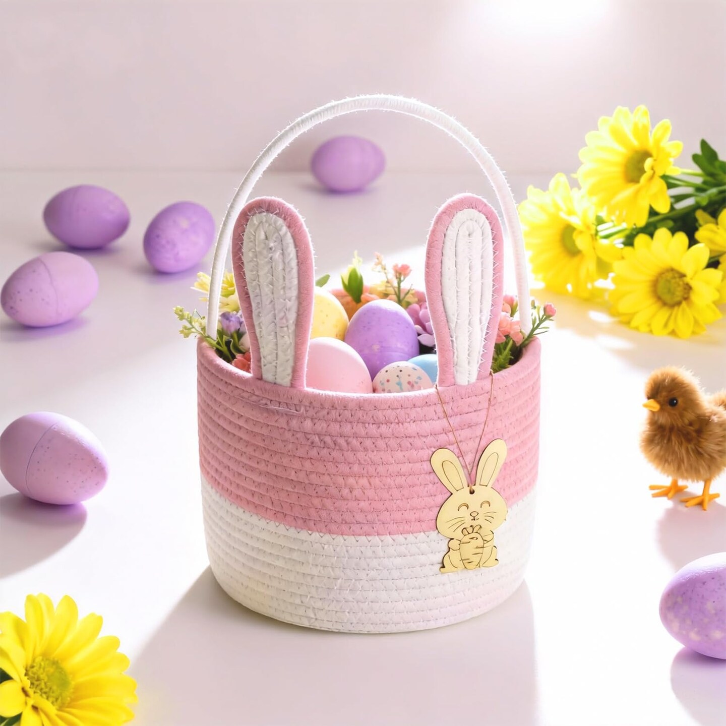 Easter Bunny Basket for Kids – Woven Cotton Rope Gift Basket with 3D Bunny & Wooden Pendant – Pink, Ideal for Toddlers, Boys & Girls