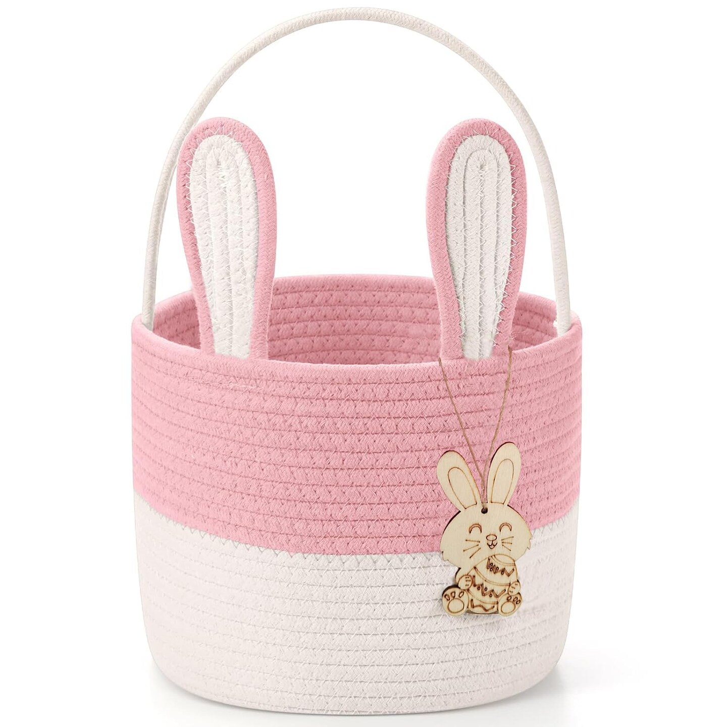 Easter Bunny Basket for Kids – Woven Cotton Rope Gift Basket with 3D Bunny & Wooden Pendant – Pink, Ideal for Toddlers, Boys & Girls