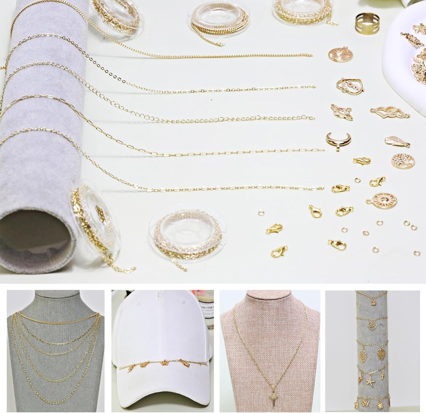 14K Gold Chain for Jewelry Making,16.4 ft 5 Rolls Jewelry Chains Bulk for DIY Necklace Bracelet Making Accessories with Charm Pendants Jump Rings Lobster Clasps Pliers