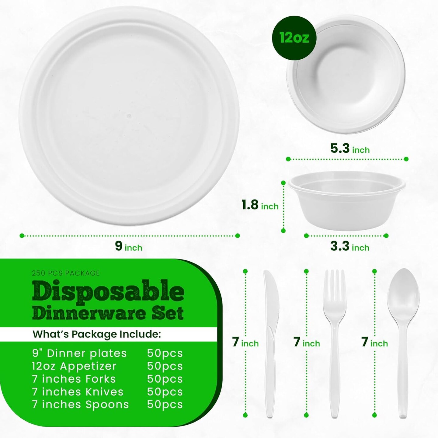 Disposable Plates and bowls set 250 PCS, Compostable Paper Plates with Extra Long Utensils, Microwave Safe Disposable Plates & Cutlery Include Bowls, Forks, Knives and Spoons, 50 Sets Each