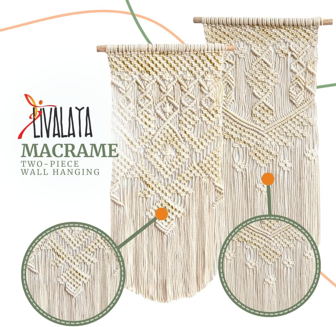 Set of 2 Boho Macrame Wall Hangings – Beige Woven Cotton Wall Décor for Farmhouse, Dorm, Nursery & Modern Home (24" L x 13" W)