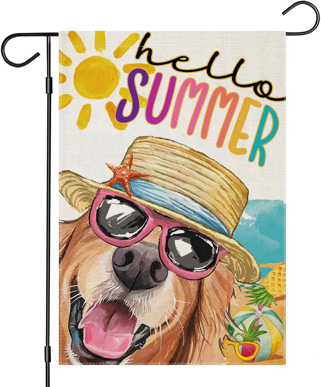 Hello Summer Garden Flags for Outside, Dog with Sunglass Beach Sun Hat Yard Decoration, Small Seasonal Outdoor Decor