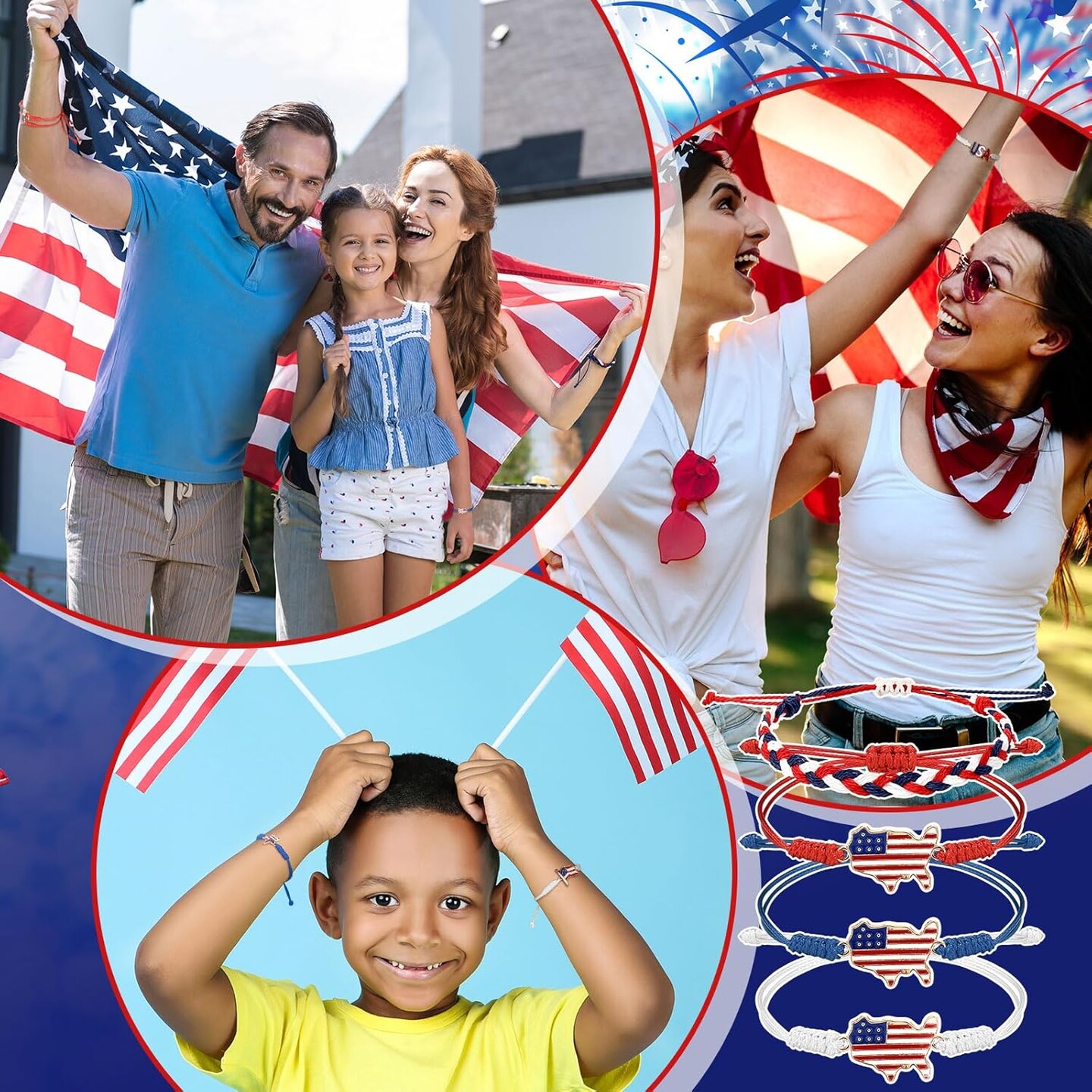 24 Pcs 4th of July Bracelets Red White and Blue USA Star American Flag String Woven Bracelets Bulk decorations for Patriotic Independence Day Party Favors