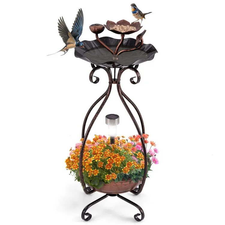 Solar Outdoor Bird Bath &#x26; Feeder Combo with Flower Planter