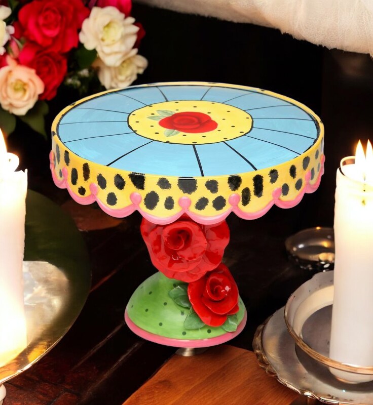 Ceramic Medium Cake Stand Leopard Print with Red Rose Flowers, Birthday Party Decor, Wedding Decor, Cafe Decor