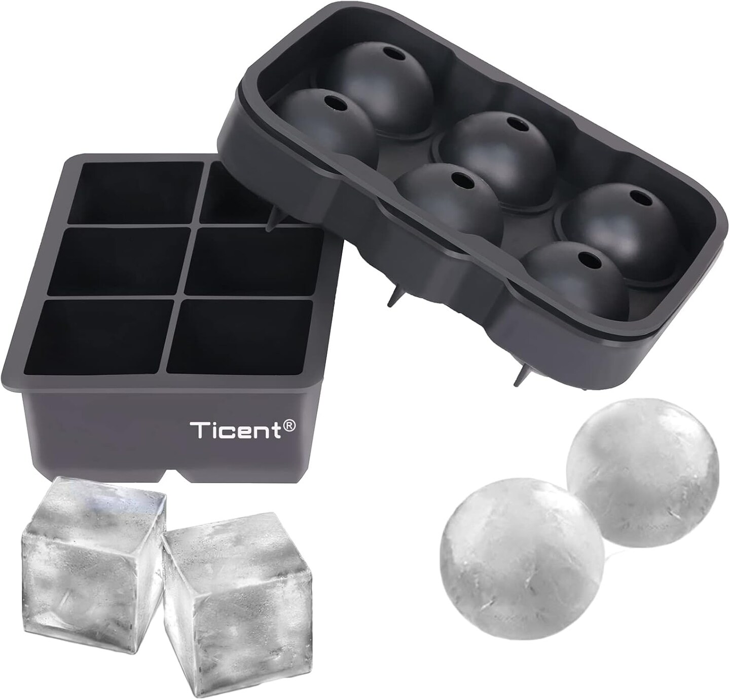 Ice Cube Trays (Set of 2), Silicone Sphere Whiskey Ice Ball Maker with Lids &#x26; Large Square Ice Cube Molds for Cocktails &#x26; Bourbon - Reusable &#x26; BPA Free