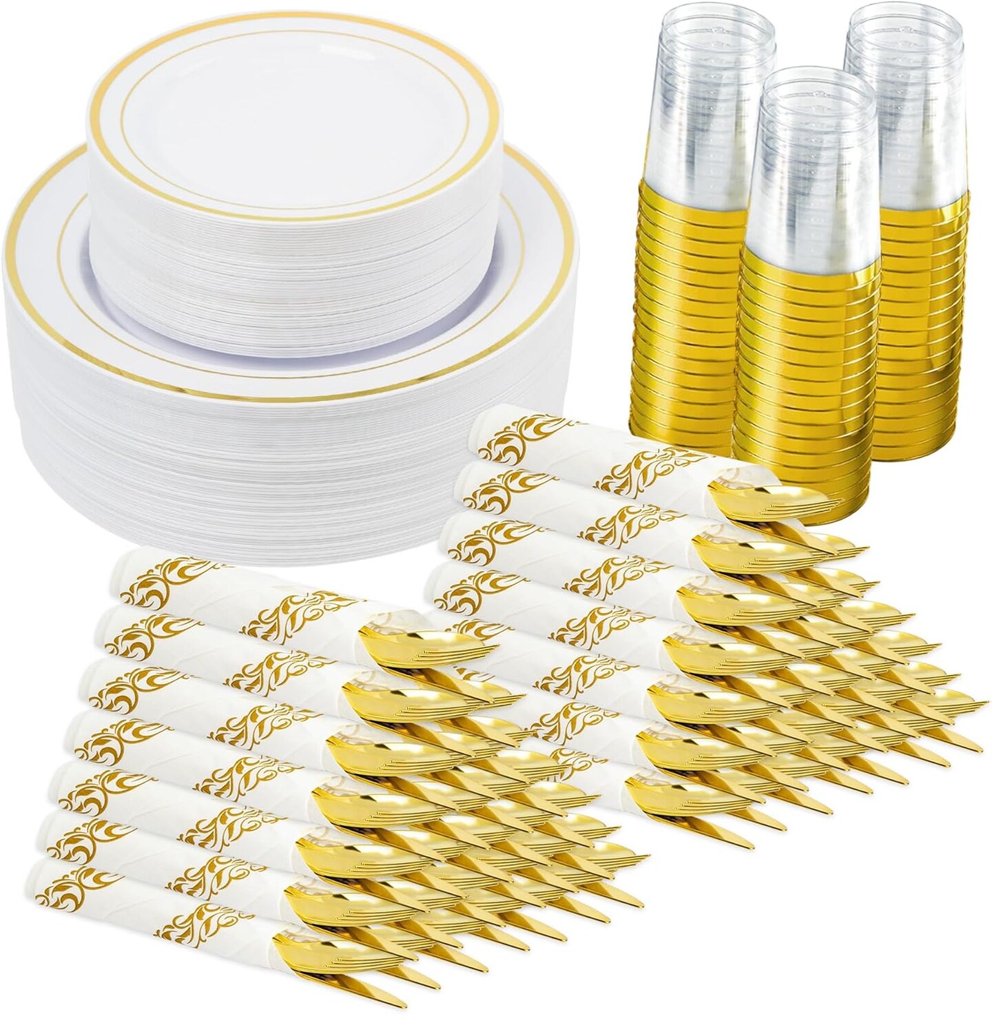 350-Piece Gold Disposable Plates Set – Includes 50 Dinner Plates, 50 Salad Plates, 50 Cups, and 50 Paper Napkins. Elegant Disposable Dinnerware for Parties, Weddings, and Special Events.
