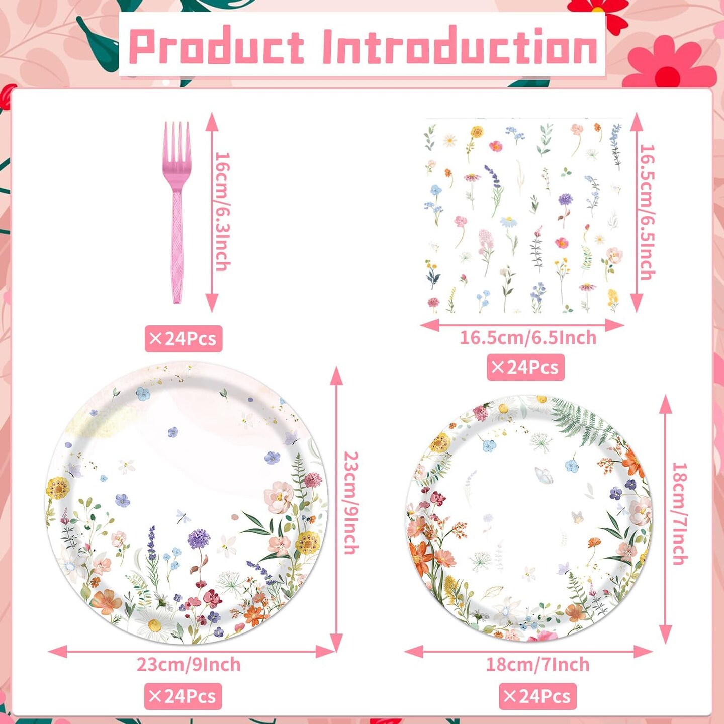 Floral Paper Plates Set - 96PCS Wildflower Party Decorations Supplies Flower Baby in Bloom Baby Shower Decorations Disposable Flower Paper Plates Napkins Tableware Spring Summer Picnic Party