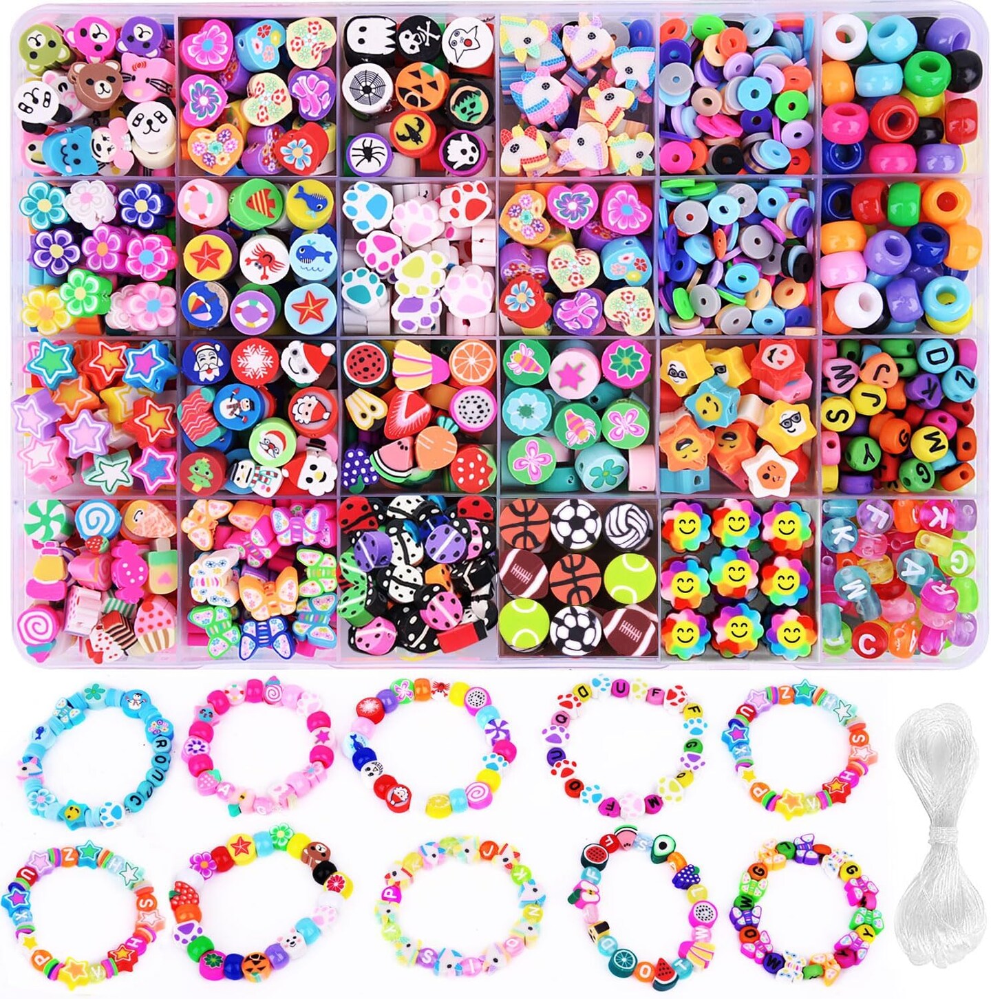 1000PCS Polymer Clay Beads Bracelet Making kit, 24 Style Cute Fun Beads Fruit Flower Animal Cake Butterfly Heart Beads Charms