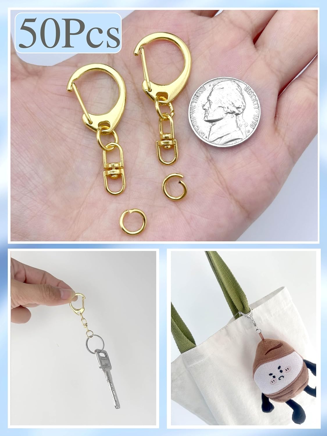 50-Piece Lobster Claw Clasps & Swivel Snap Hooks Kit – Includes Silver and Gold Keychain Rings for DIY Keychain and Craft Making