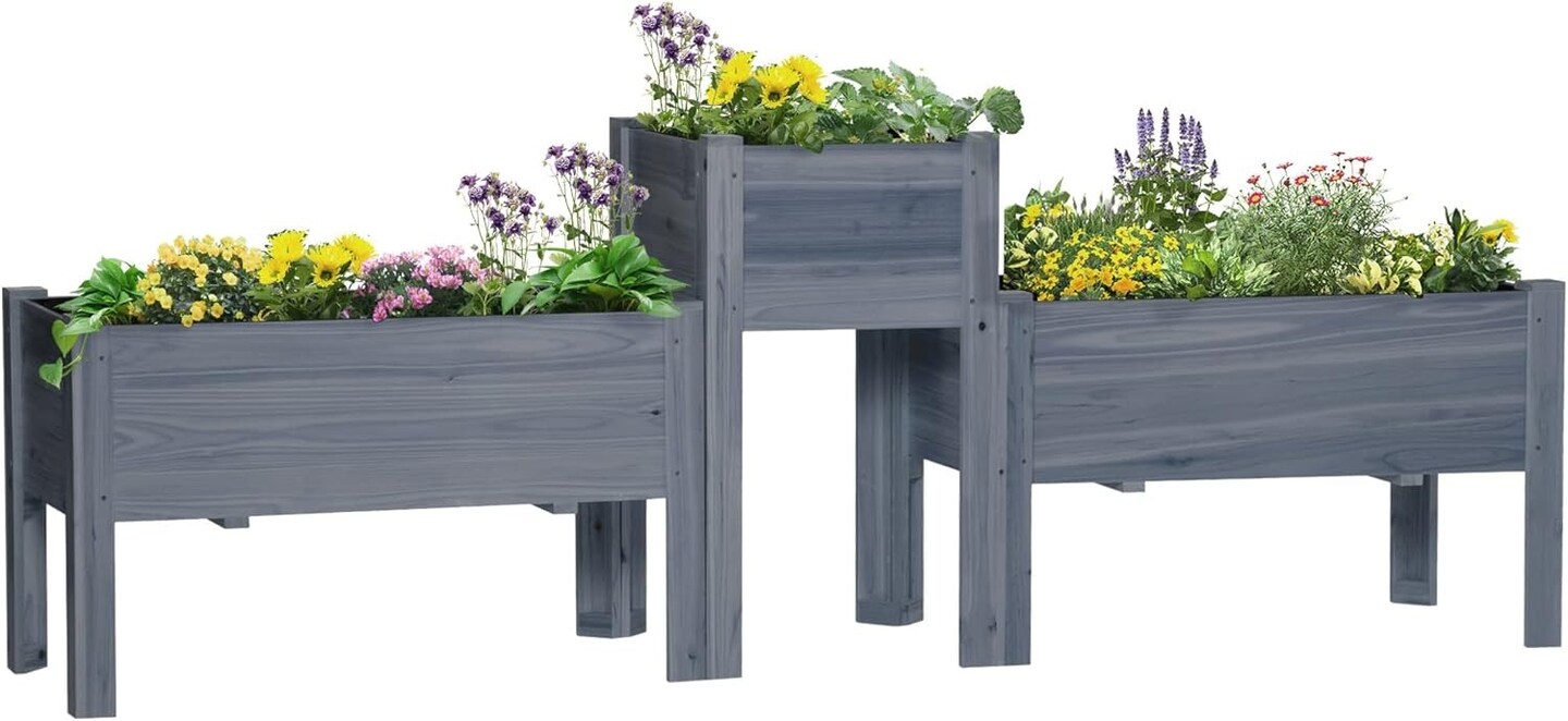 Set of 3 Wood Raised Garden Beds with Legs &#x26; Liners