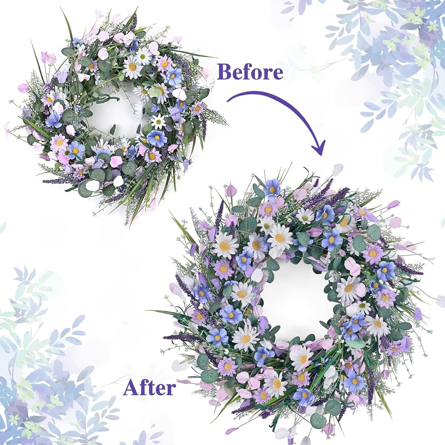 Spring Wreaths for Front Door, 22 Inchs Spring Daisy Wreath Summer Wreath with Floral Lanvender for Indoor Outdoor Wall Porch Window Decor and Festival Celebration