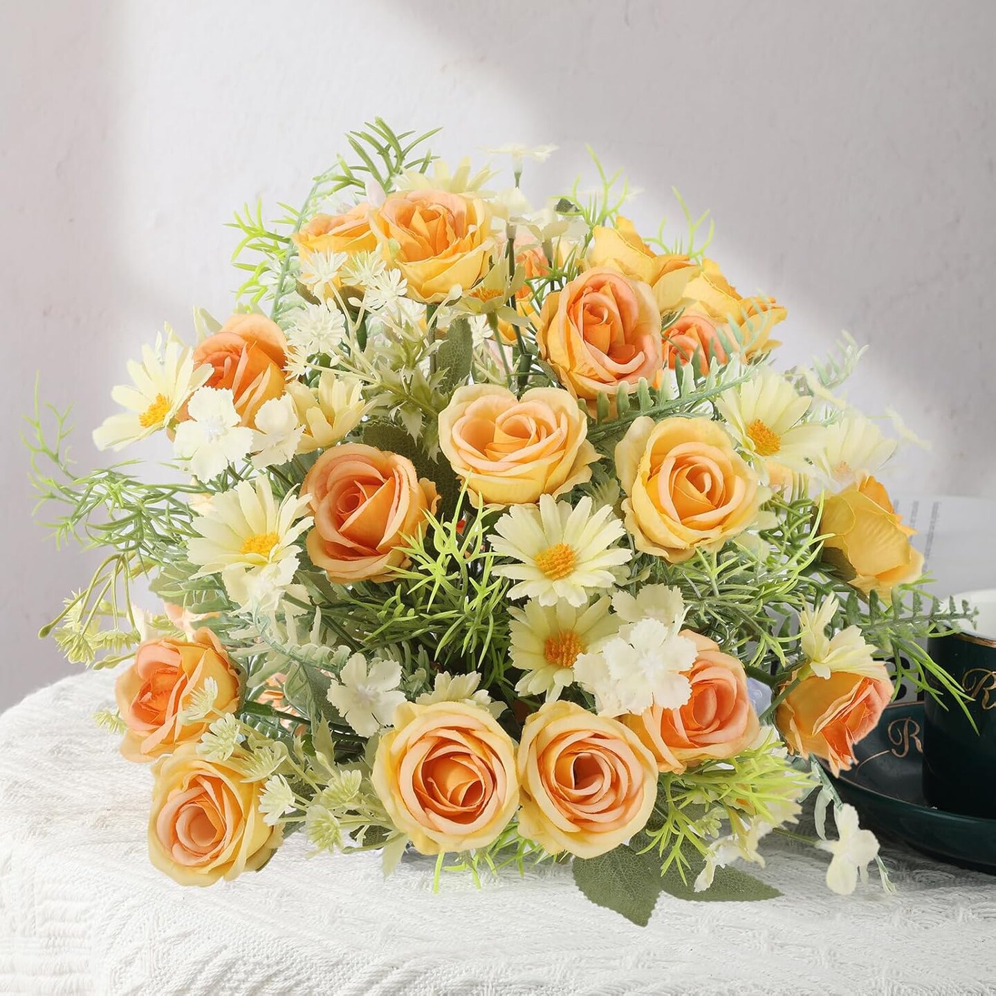 Artificial Silk Fake Flowers Bouquet Fake Roses Flowers Faux Flower Arrangement Wedding Bride Bouquets for Home Centerpieces Decor(Yellow)
