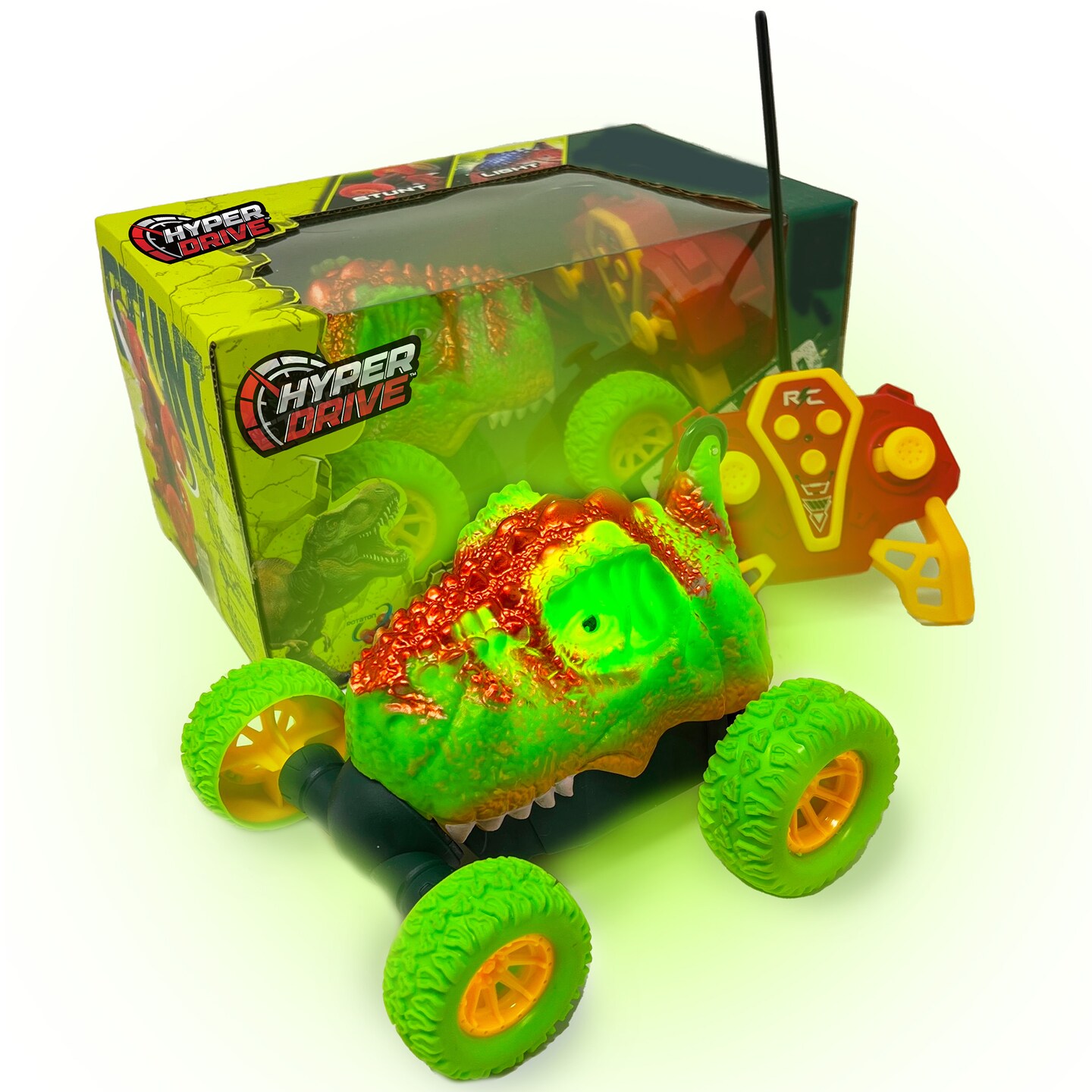 Hyper Drive: RC Light Up Dino - Green - Remote Control Dinosaur Toy Vehicle, 360 Stunt Wheels, Rolling Twister Action, Full-Function 40 MHz, Kids 5+