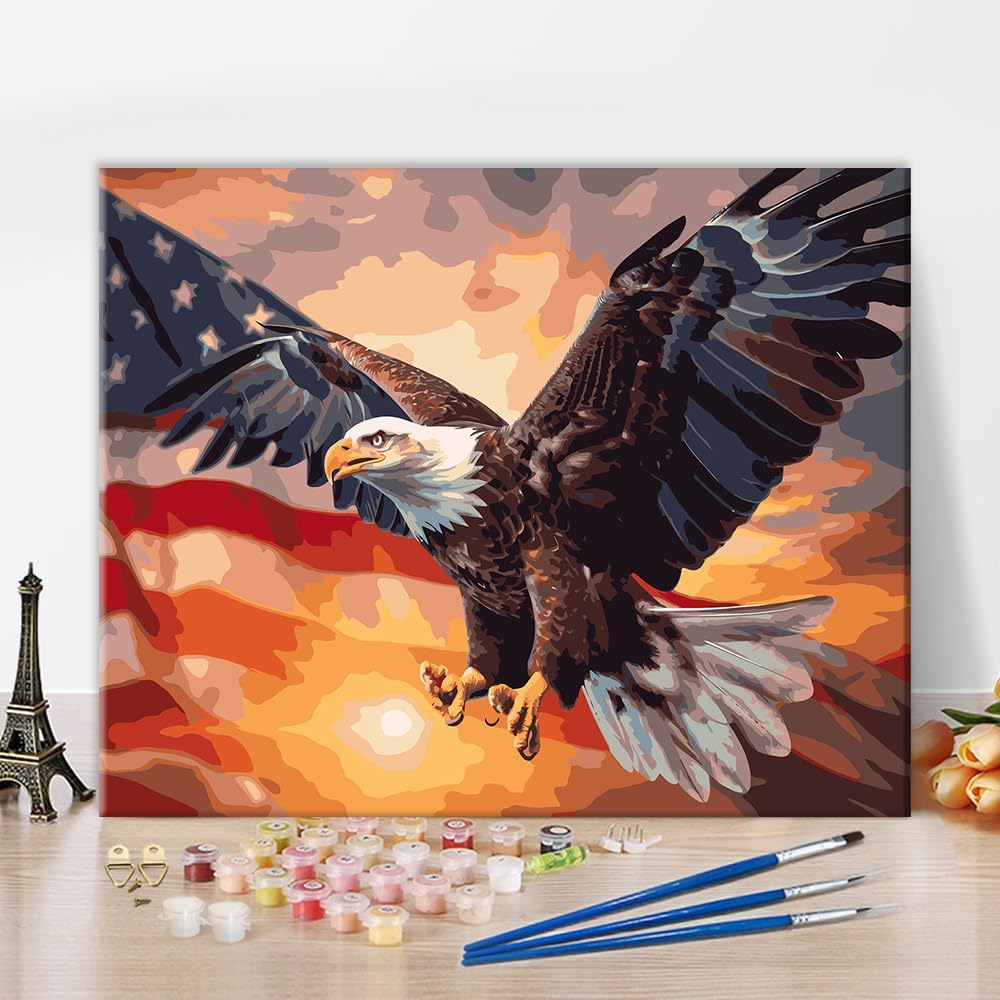 DIY Paint-by-Number Kit featuring a white-headed eagle with the U.S. flag, designed for adult beginners on 16×20 inch canvas.